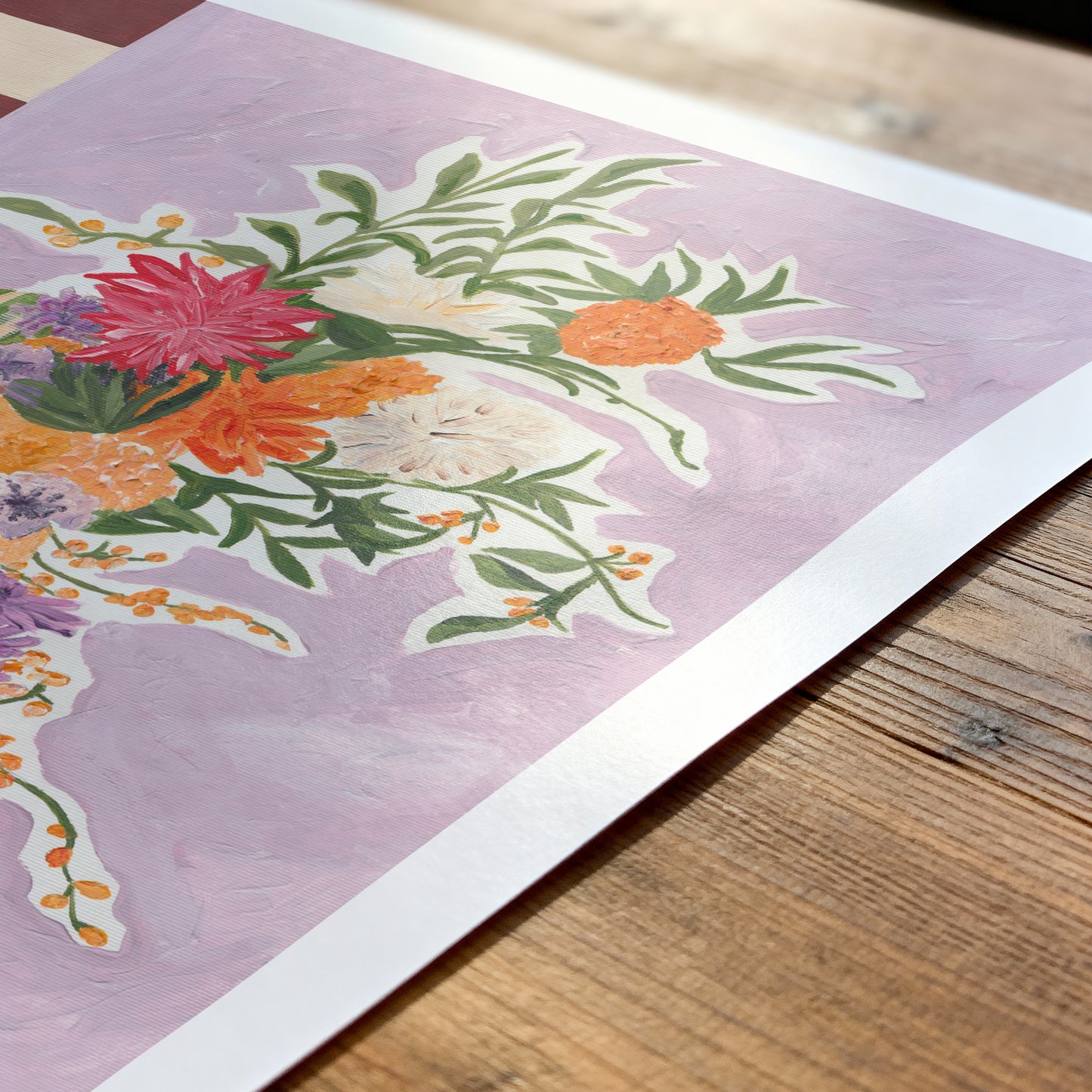Floral illustration on a purple background with a wooden surface underneath