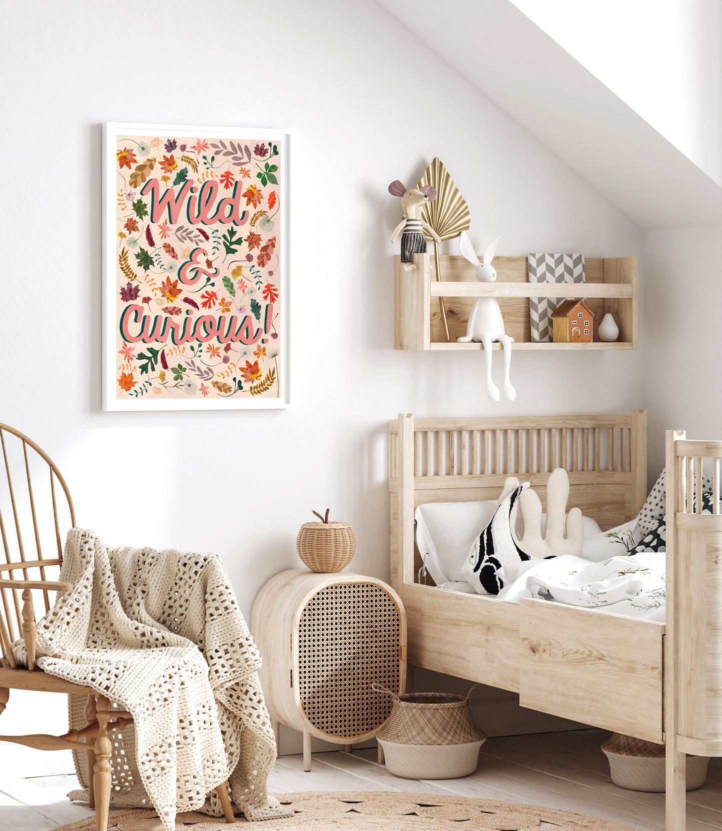 Children's bedroom with wooden furniture, decorative items, and a 'Wild & Curious' poster.