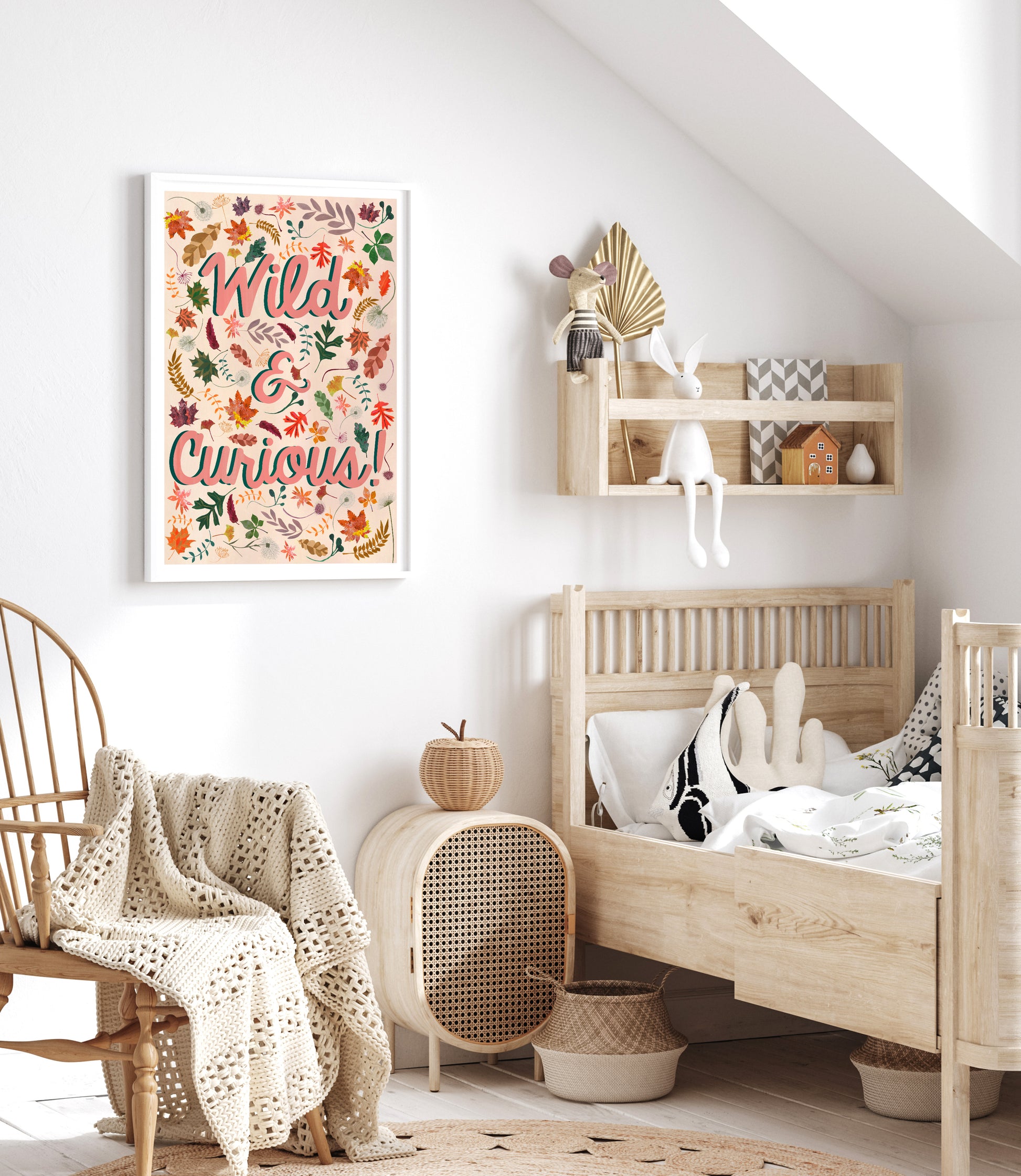 Children's bedroom with wooden furniture, decorative items, and a 'Wild & Curious' poster.