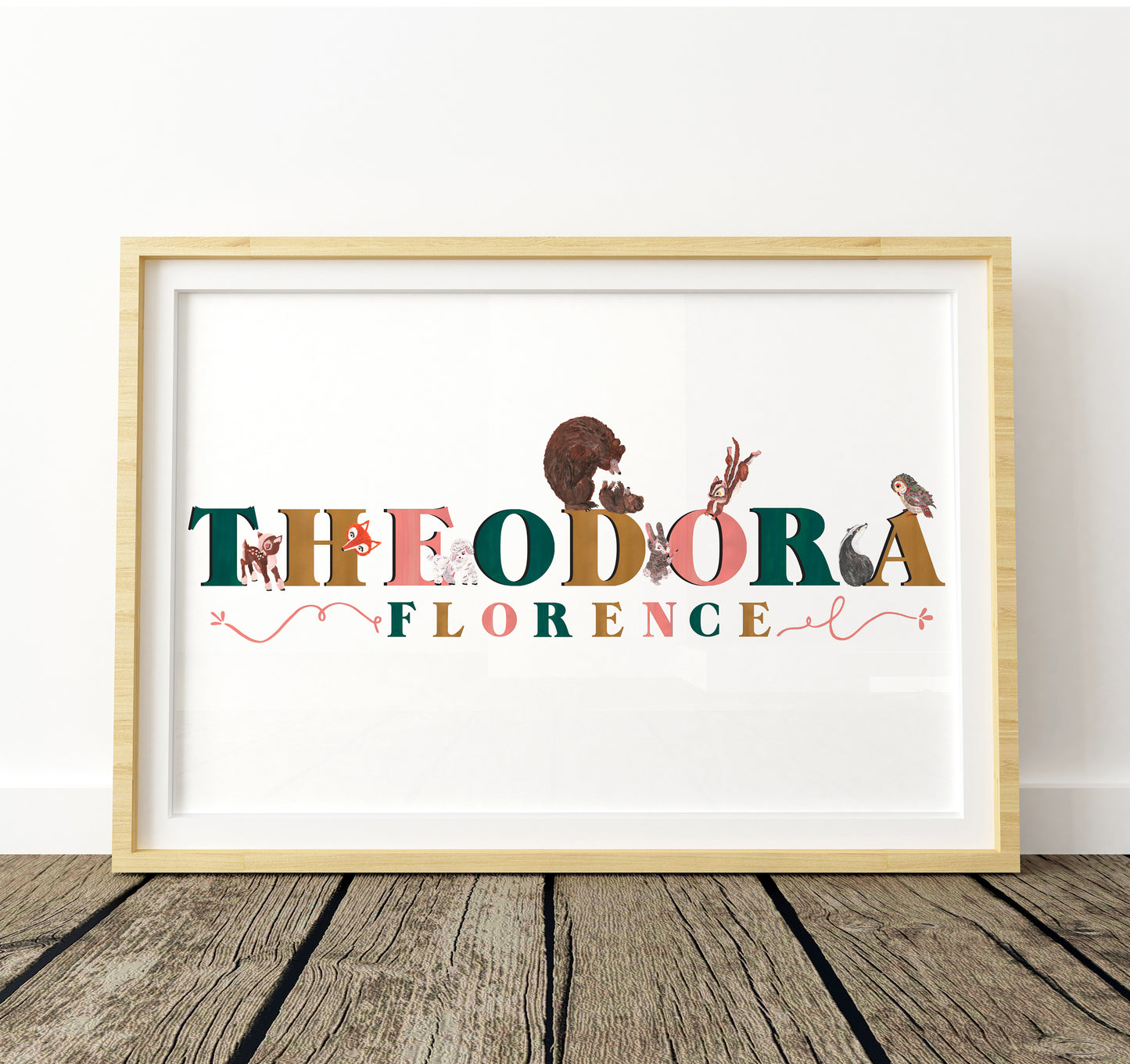 Framed artwork with 'THEODORA FLORENCE' text and animal illustrations on a white background.