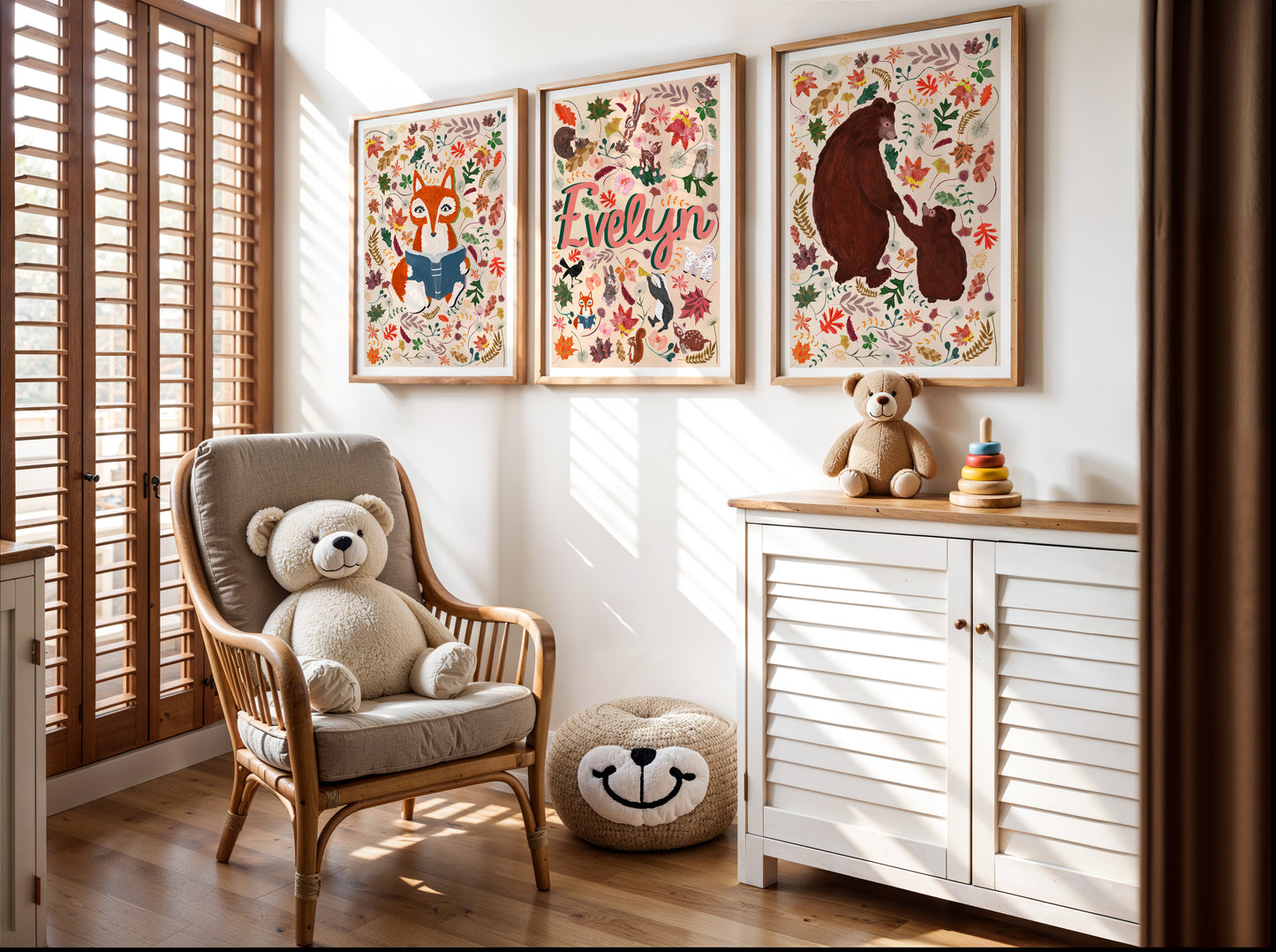 Children's room with a teddy bear chair, cabinet, and woodland animal wall art including a woodland animal name print.