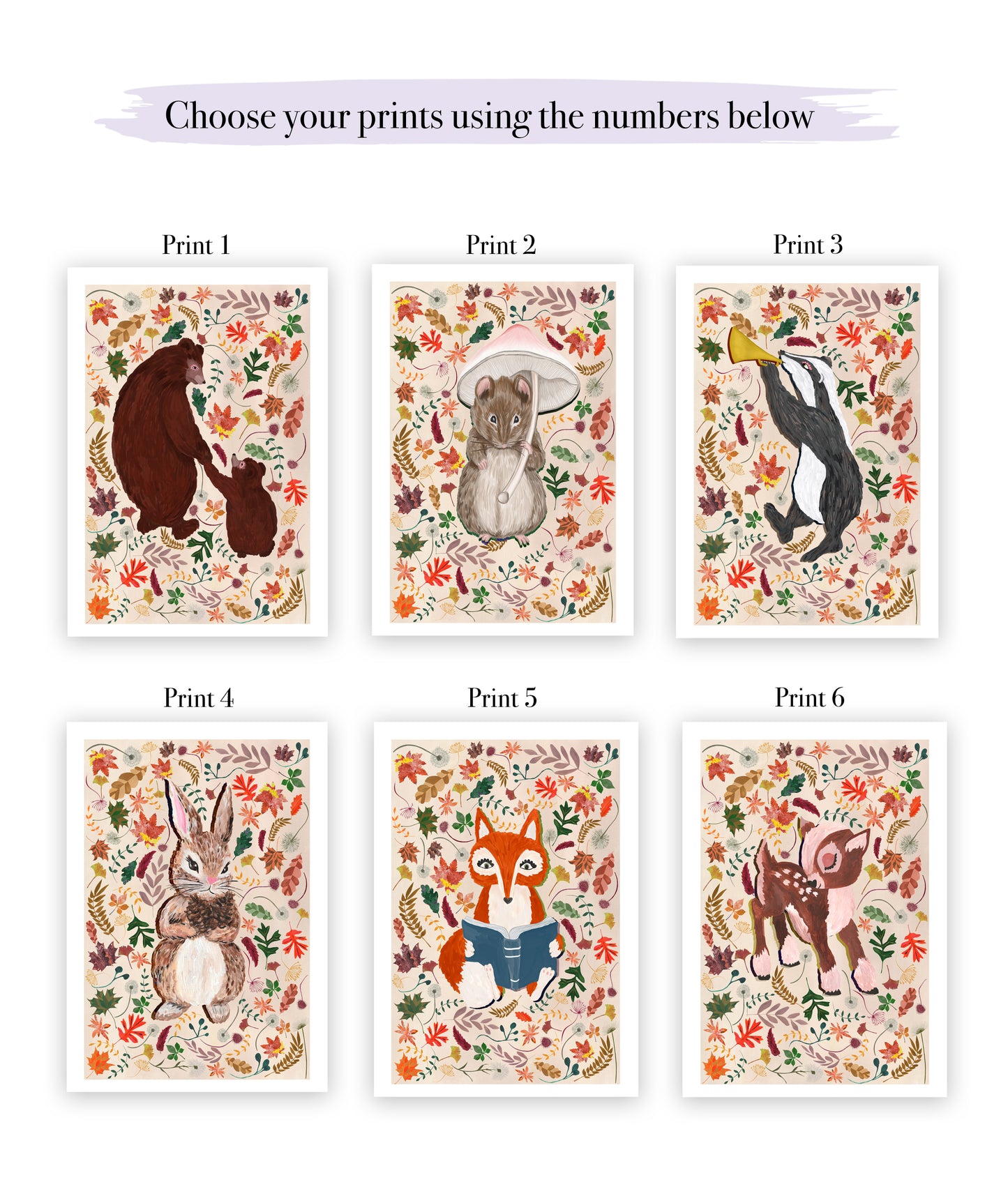 Set of six animal-themed prints with numbers for selection on a white background.