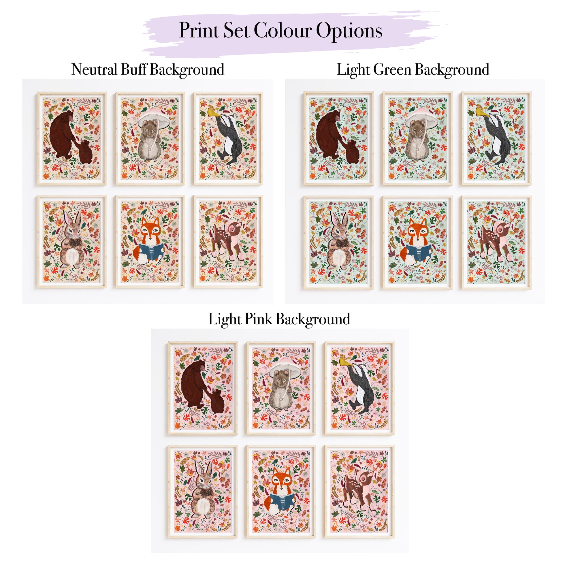 Set of animal illustrations with color options on a neutral, light green, and light pink background.