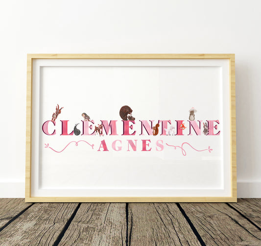 Framed artwork with 'Clementine Agnes' and woodland animal illustrations on a white background.