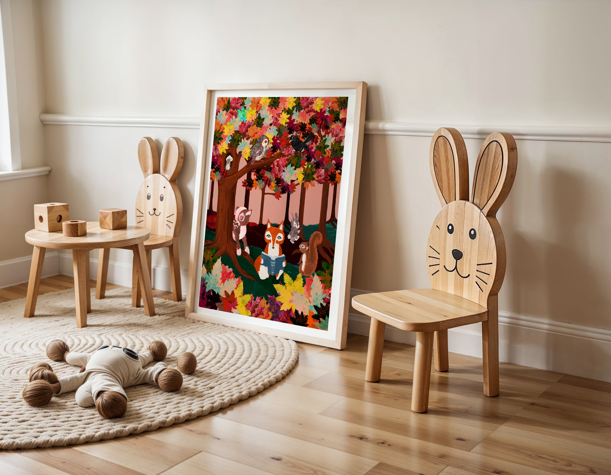 Children's room with wooden chairs shaped like rabbits, a colorful painting, and toys on a wooden floor.