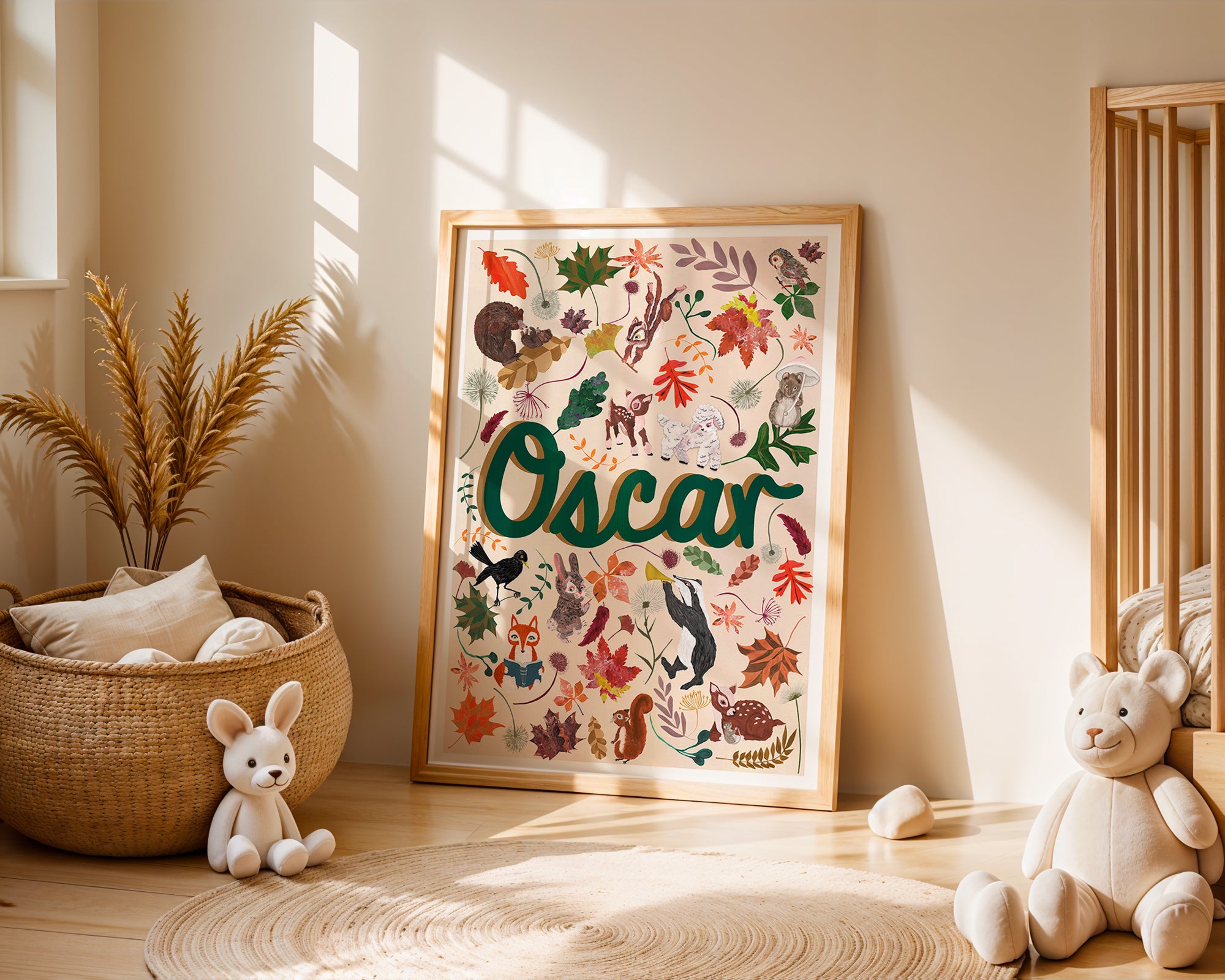 Decorative wall art with 'Oscar' in a child's room with toys and plants.