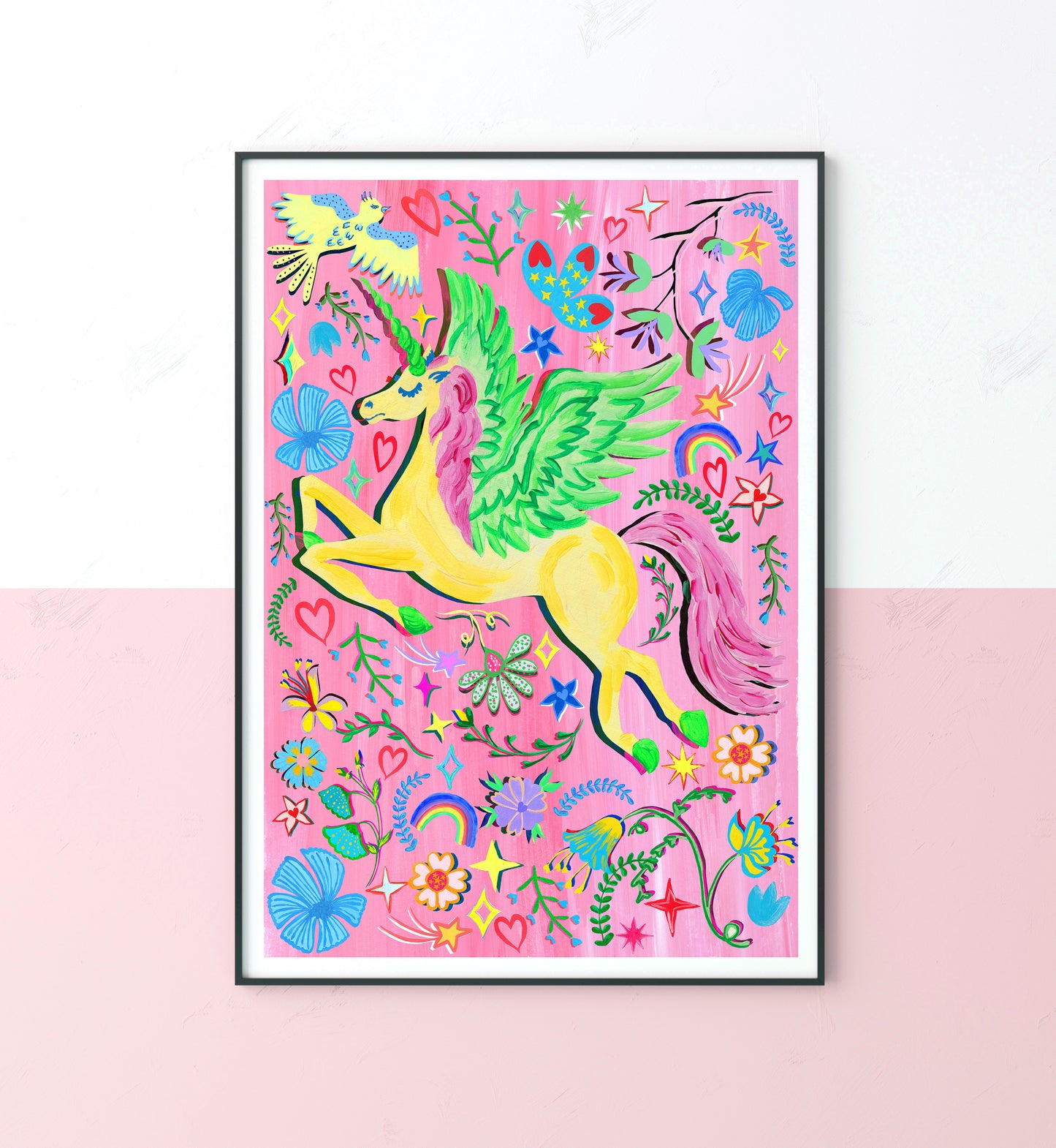 Colorful unicorn illustration on a pink background with a black frame.
