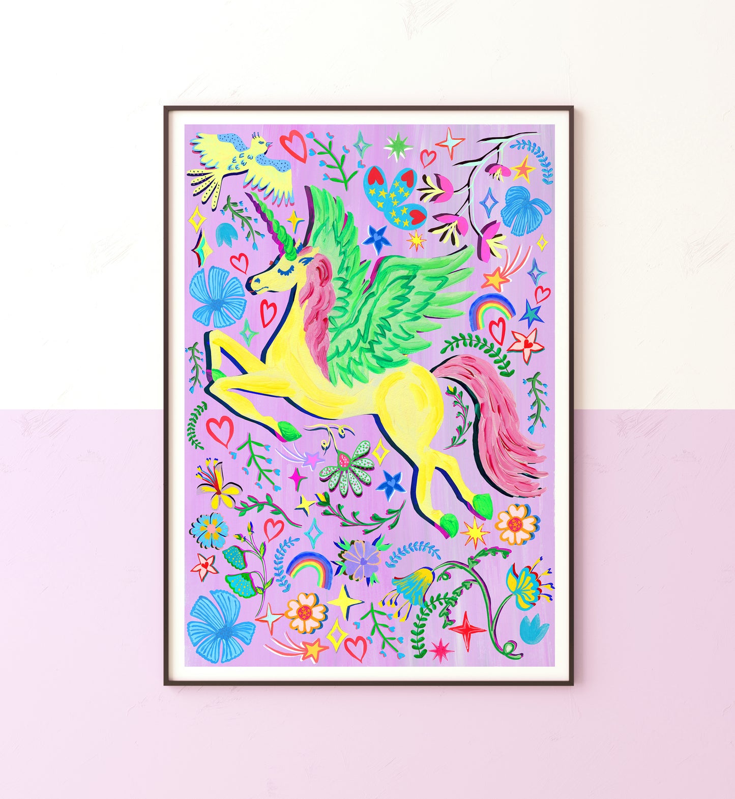 Colourful purple and yellow hand painted unicorn kids print in black frame on lilac and white wall.