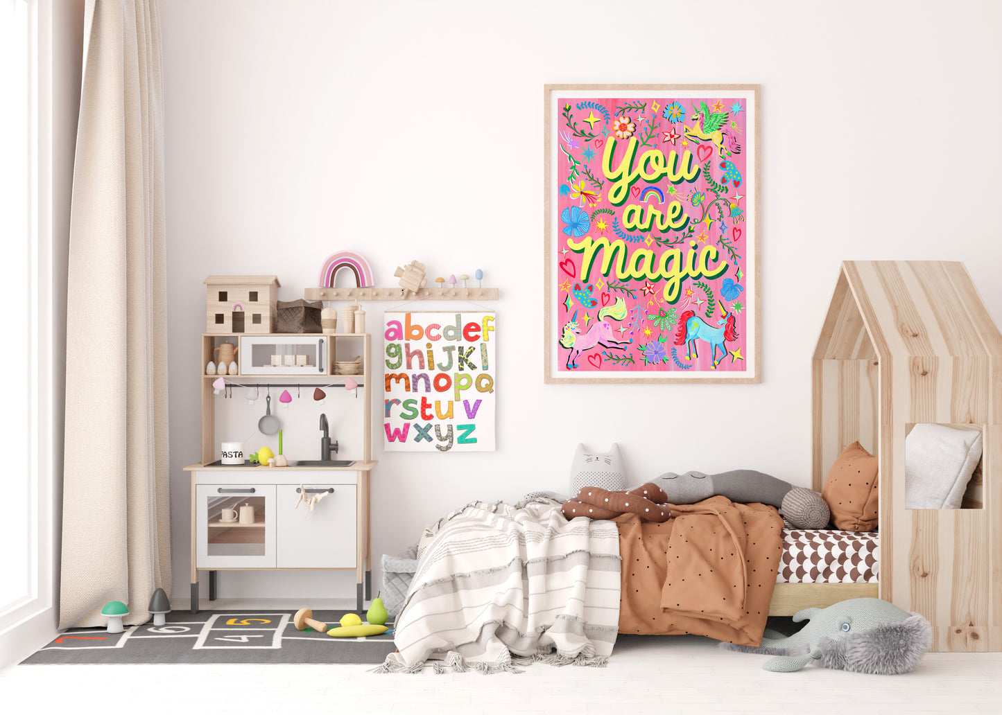 Children's room with a 'You are Magic' poster on the wall, wooden bed, and toy storage unit.