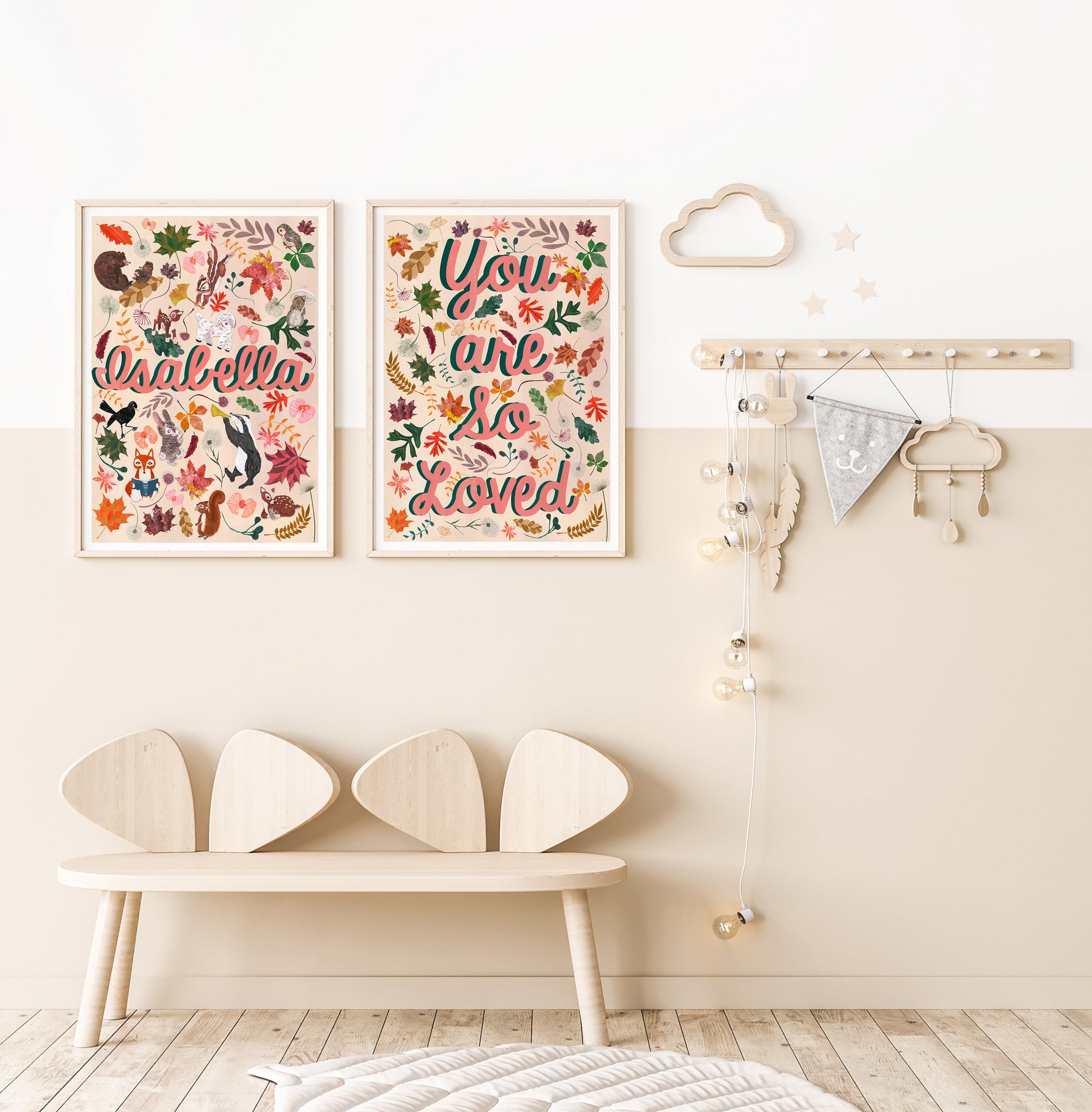 Children's room with woodland animal wall art and wooden bench.