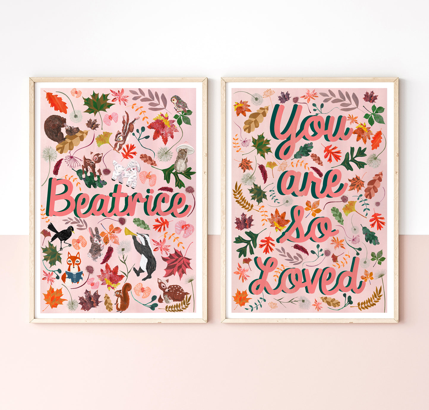 Two framed prints with floral and animal designs on a white background