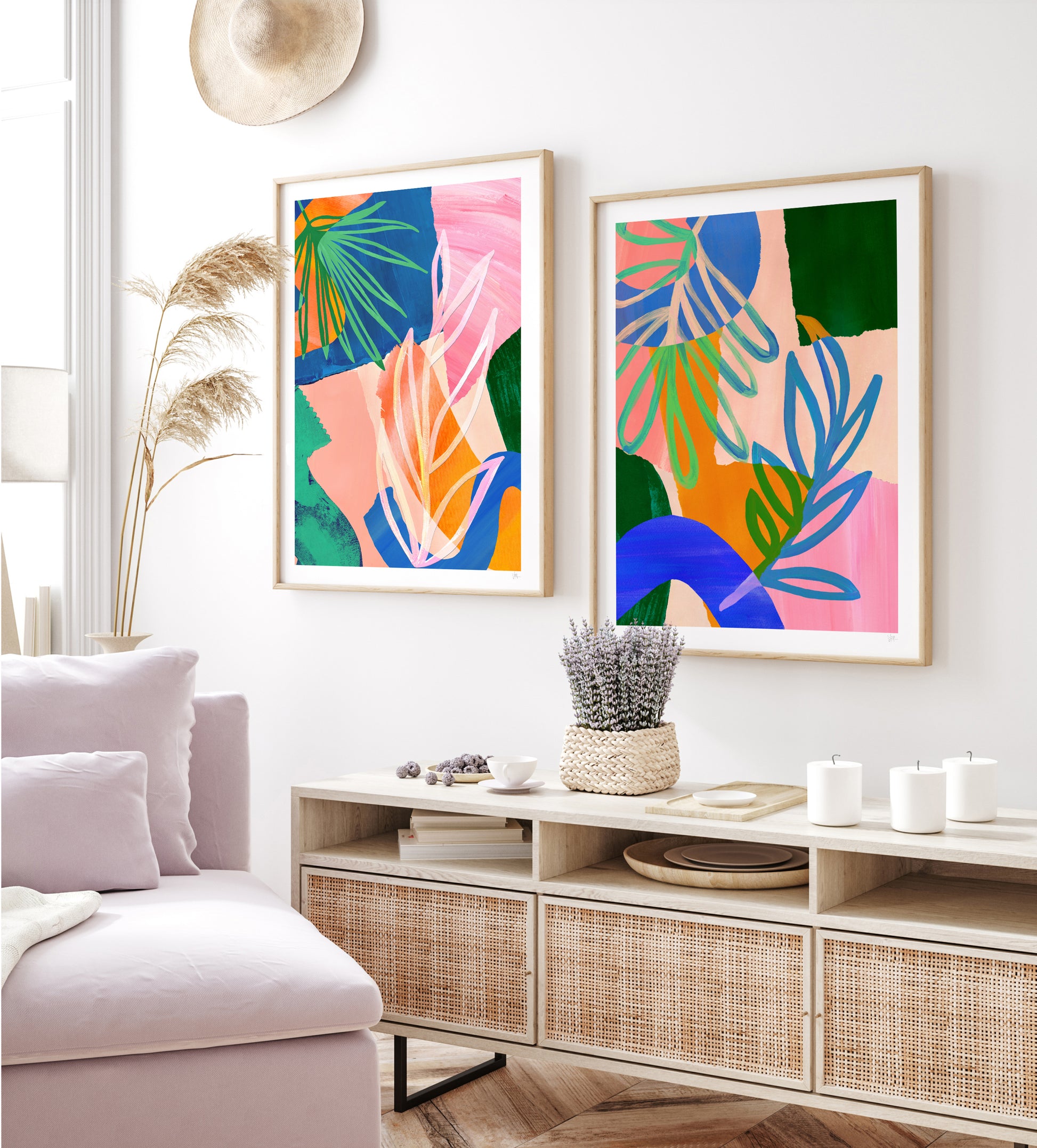 Modern living room with colorful abstract art on the wall