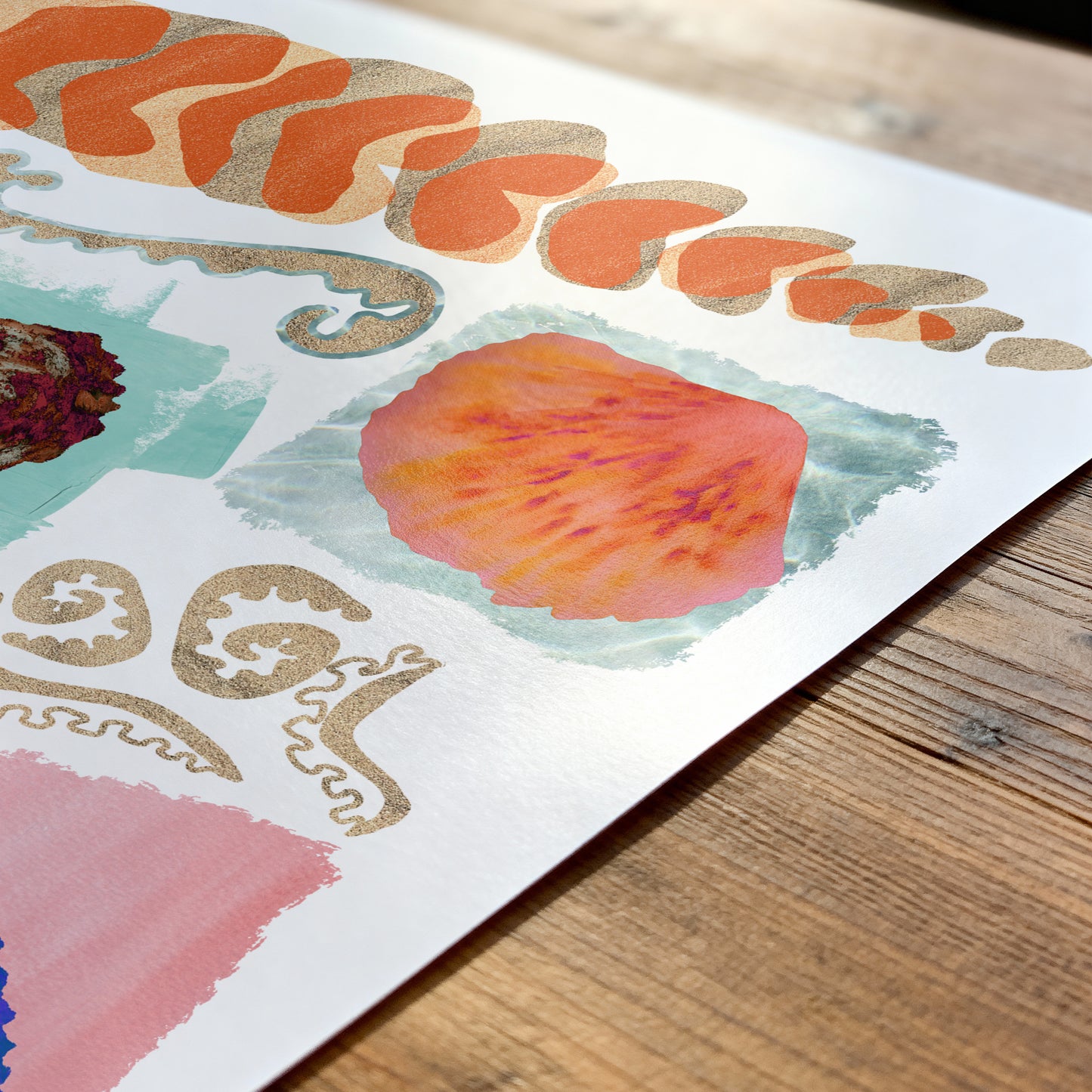 Artistic design with floral elements and decorative patterns on a wooden surface