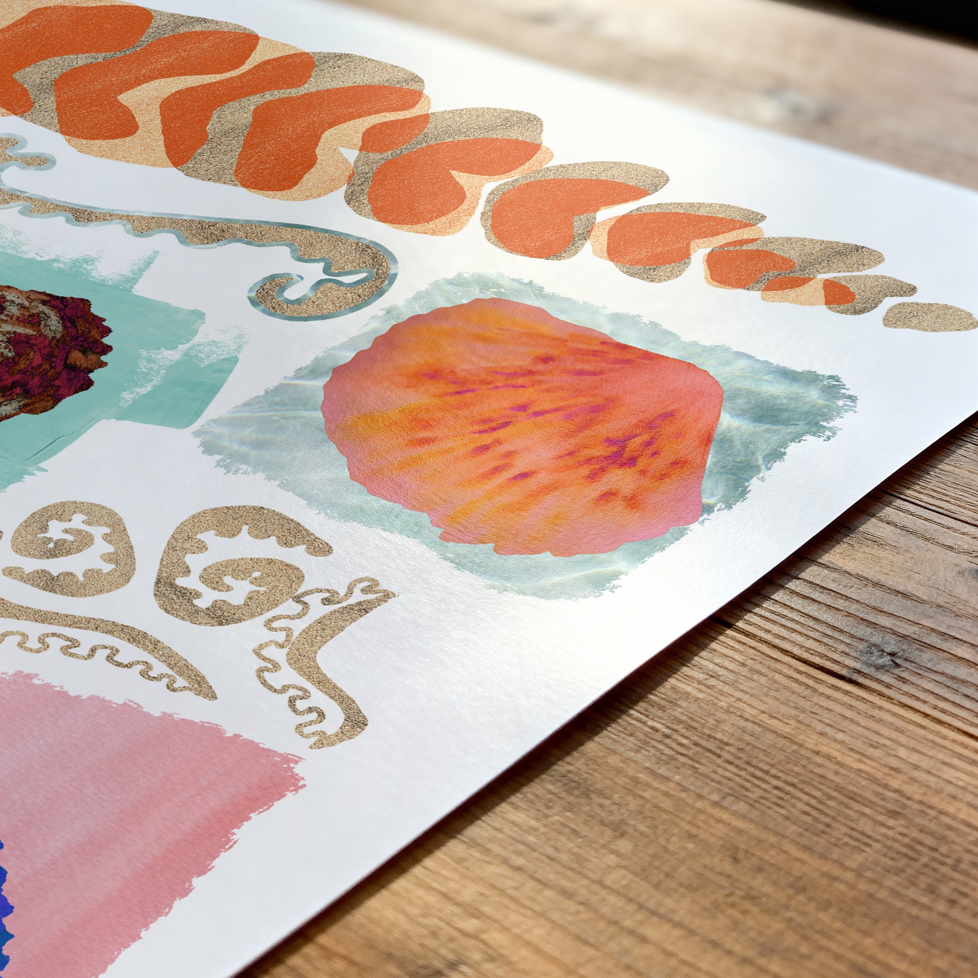 Artistic design with floral elements and decorative patterns on a wooden surface