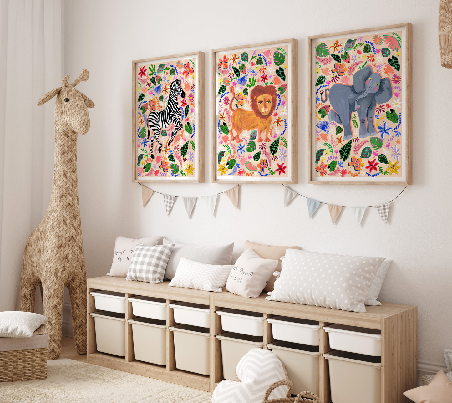 Children's room with animal-themed wall art and storage unit.