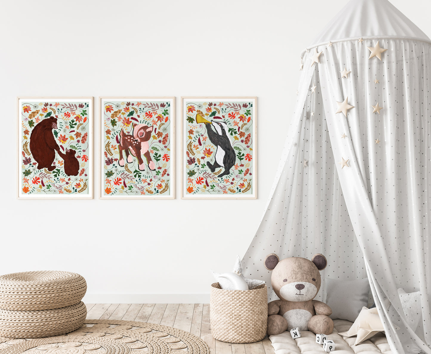 Children's room with wall art, teddy bear, and play tent.