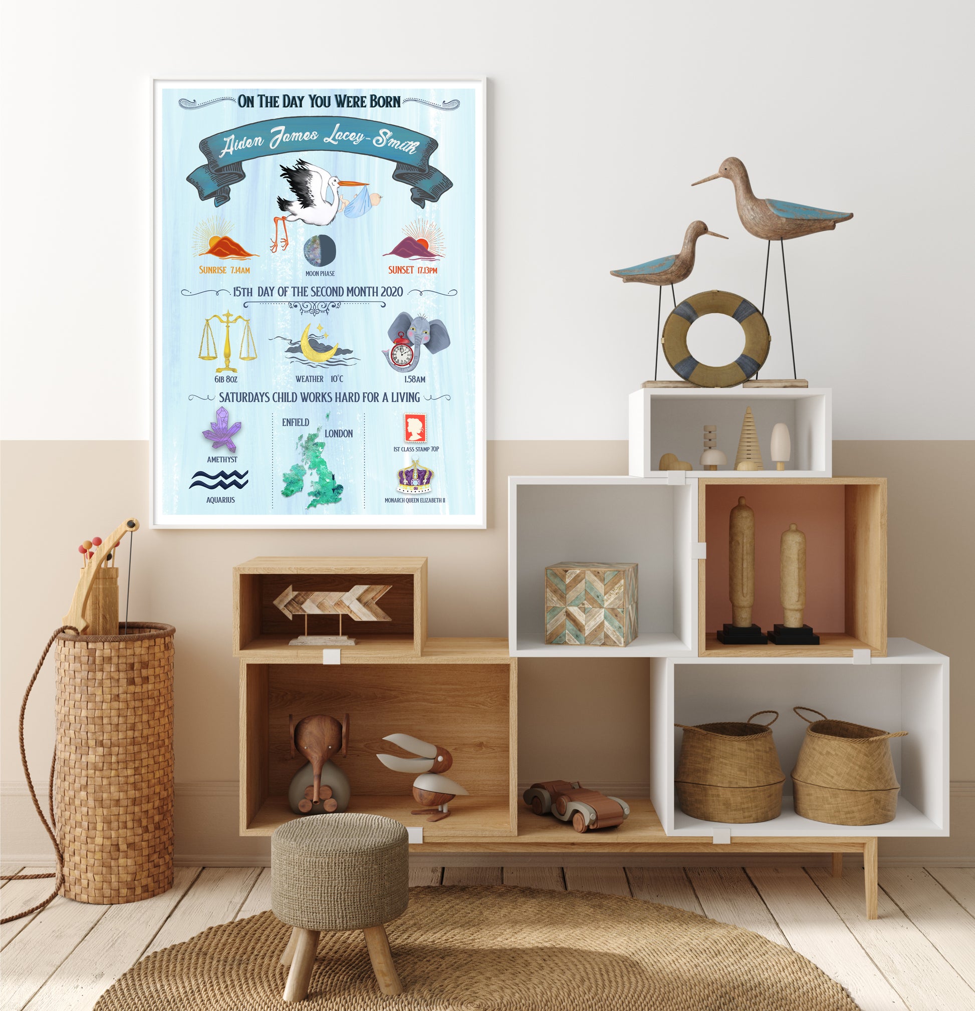 Decorative shelf with various items including a framed poster on a wall.