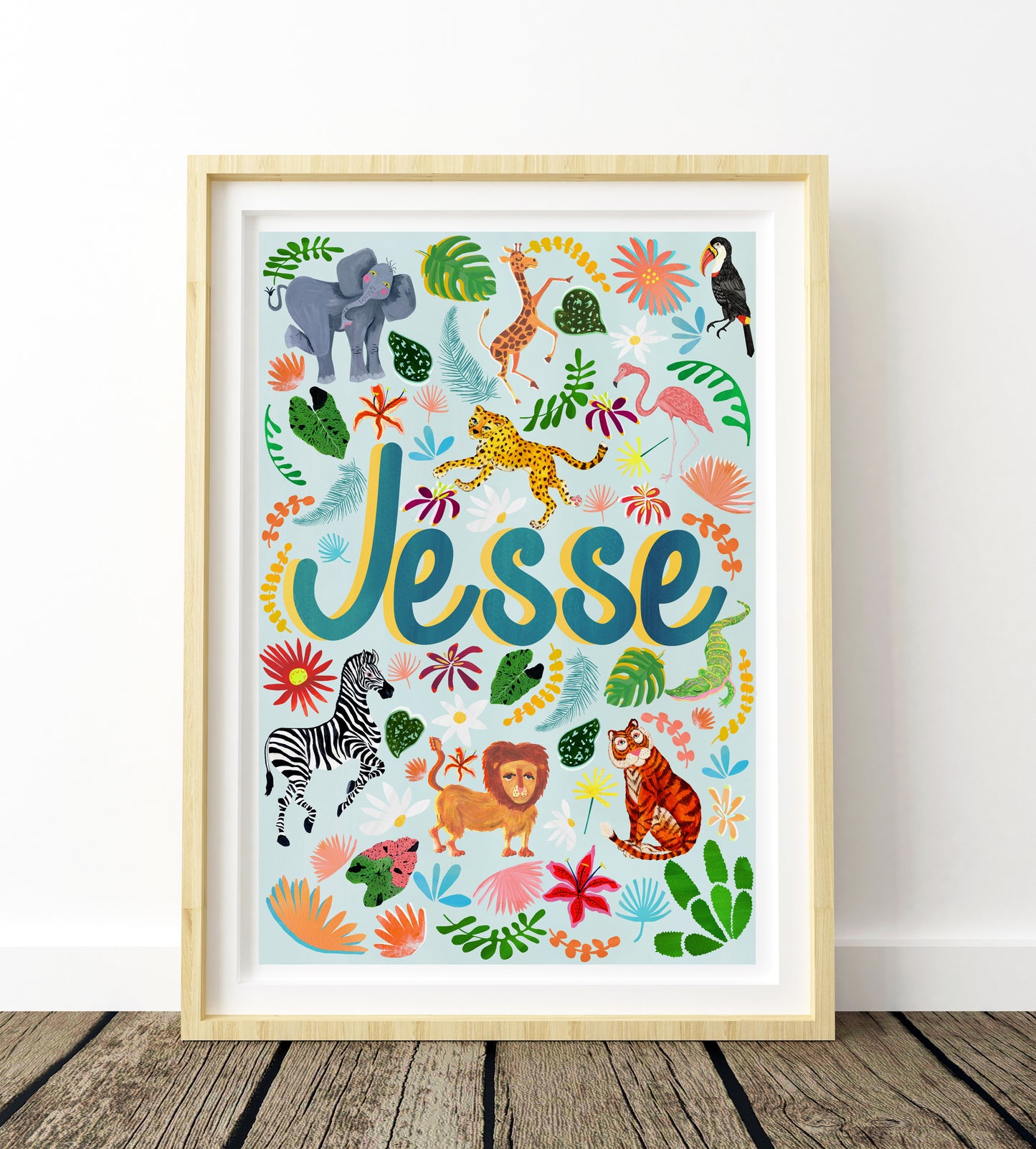 Framed children's poster with colorful animals and the name 'Jesse' on a white background.