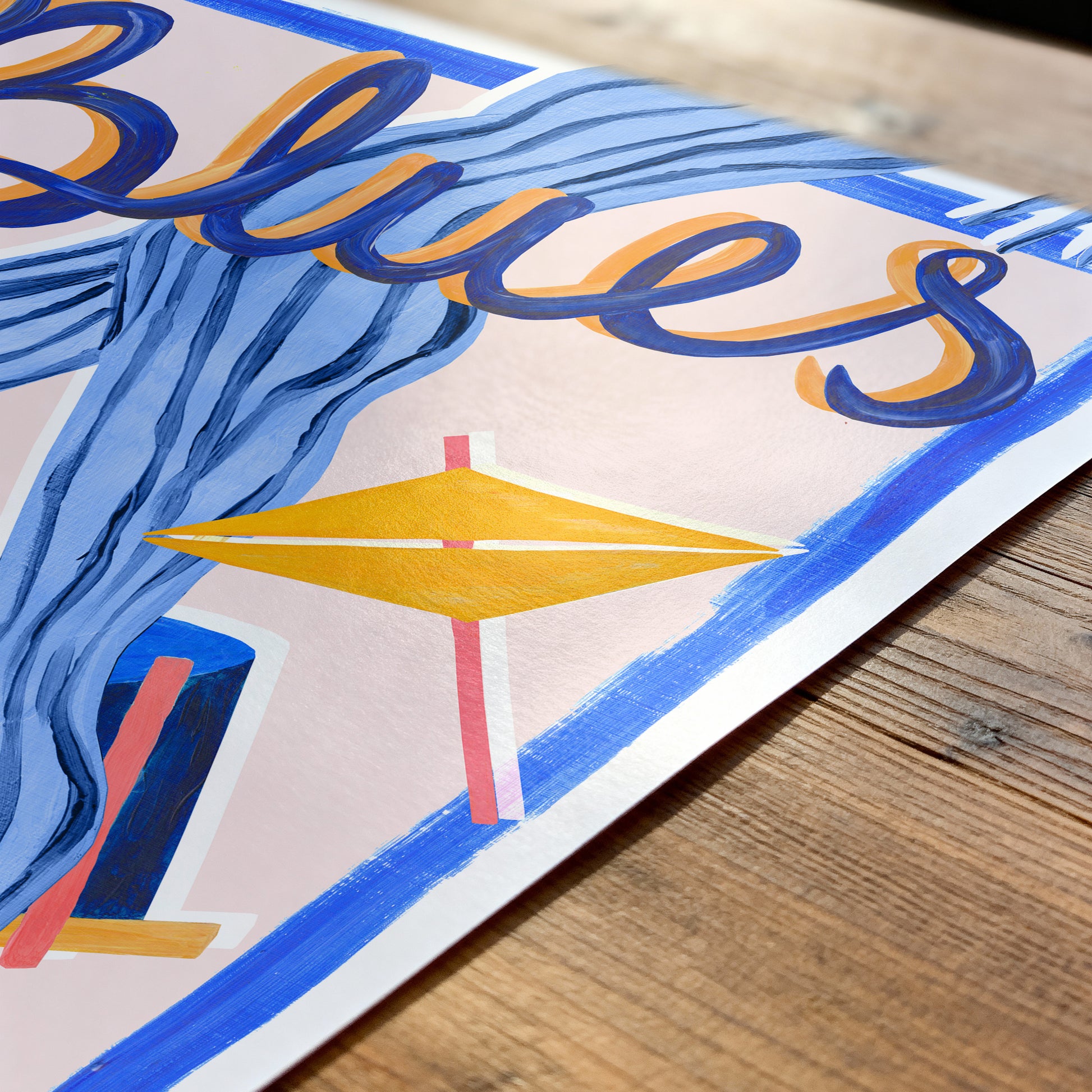 Colorful illustrationof a jazz blues night poster, on a wooden table