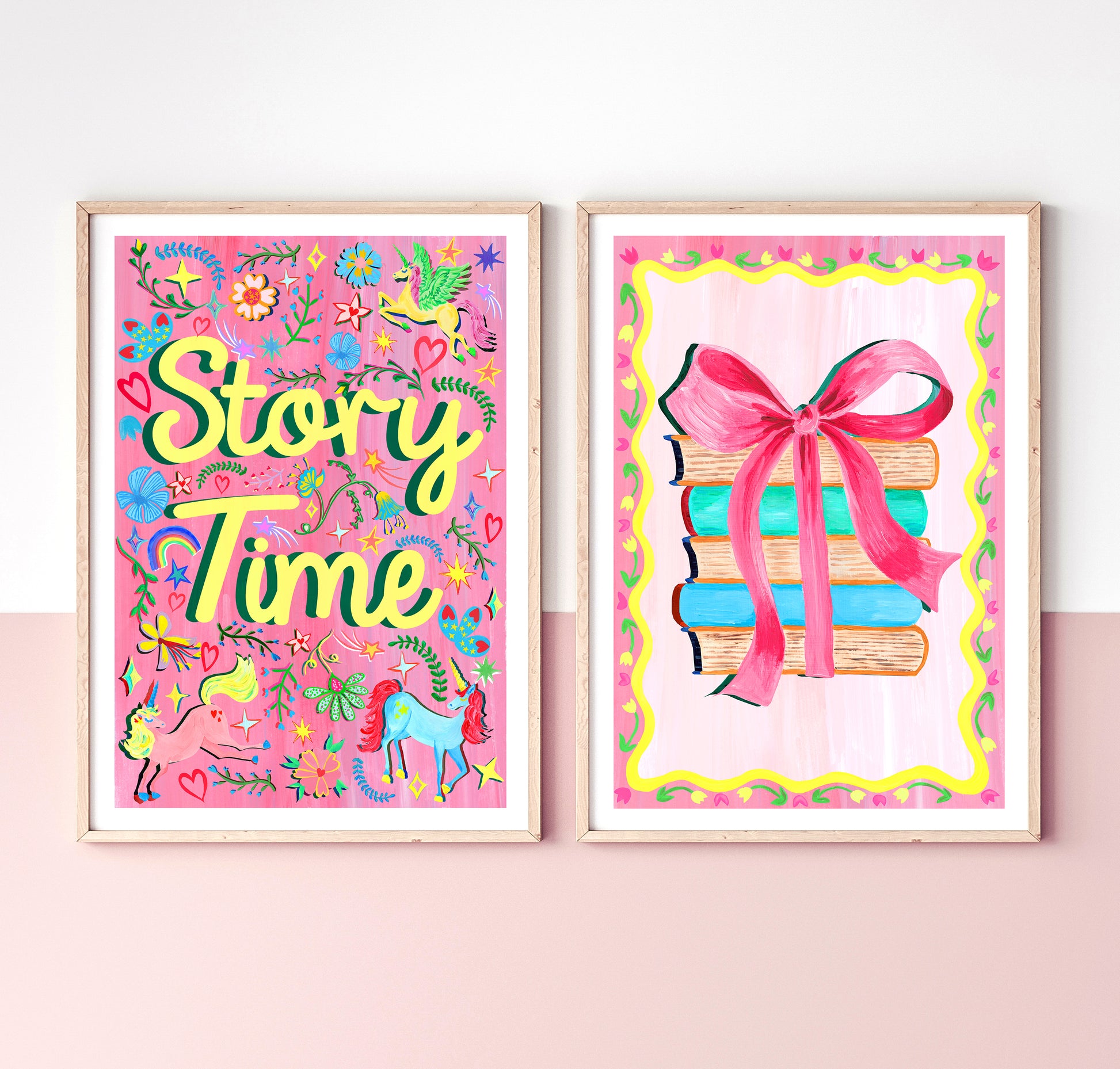 Two colorful framed artworks on a pink background, one with 'Story Time' text and the other with books and a bow.