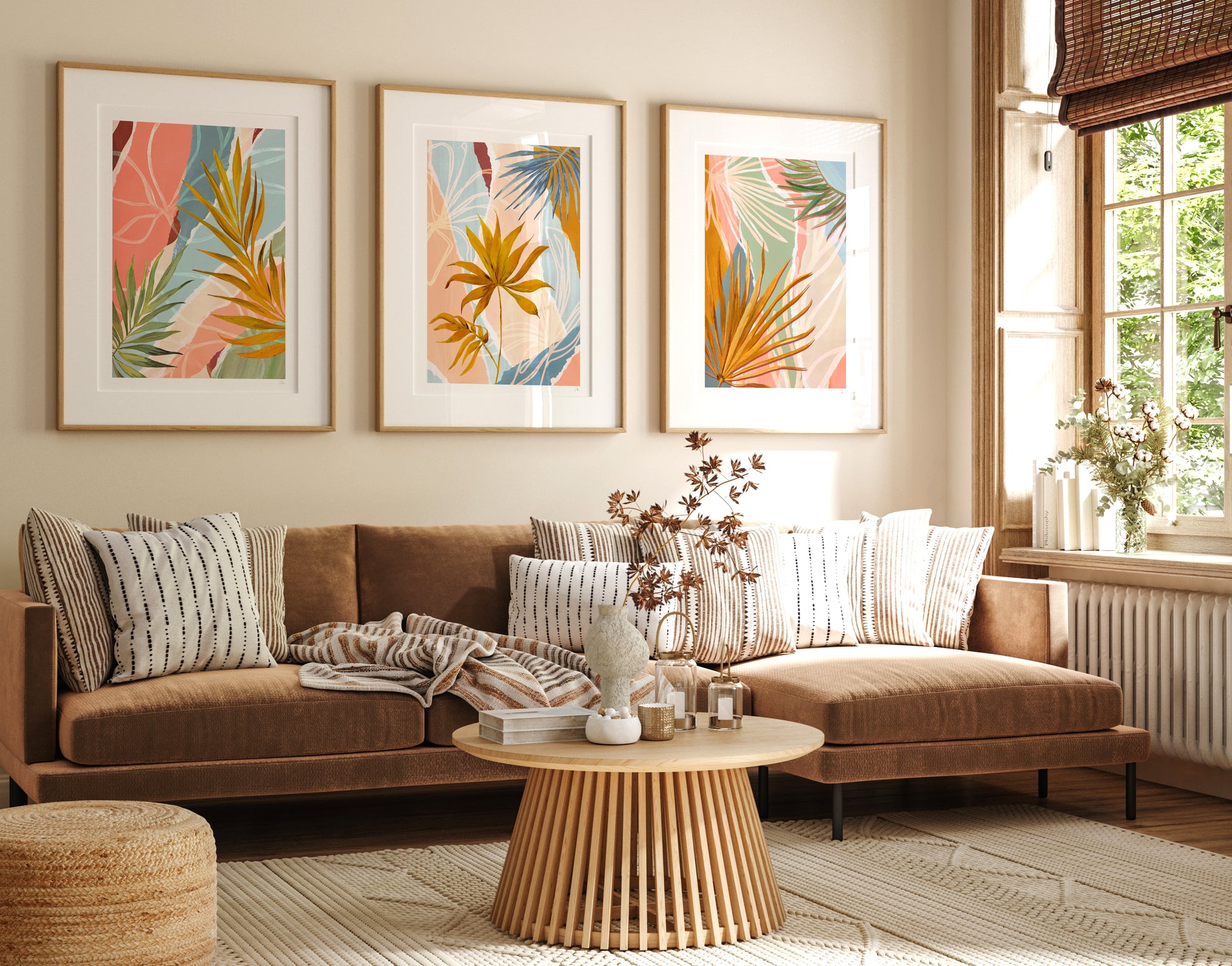 Living room with a brown sectional sofa, round wooden coffee table, and colorful abstract art on the wall.