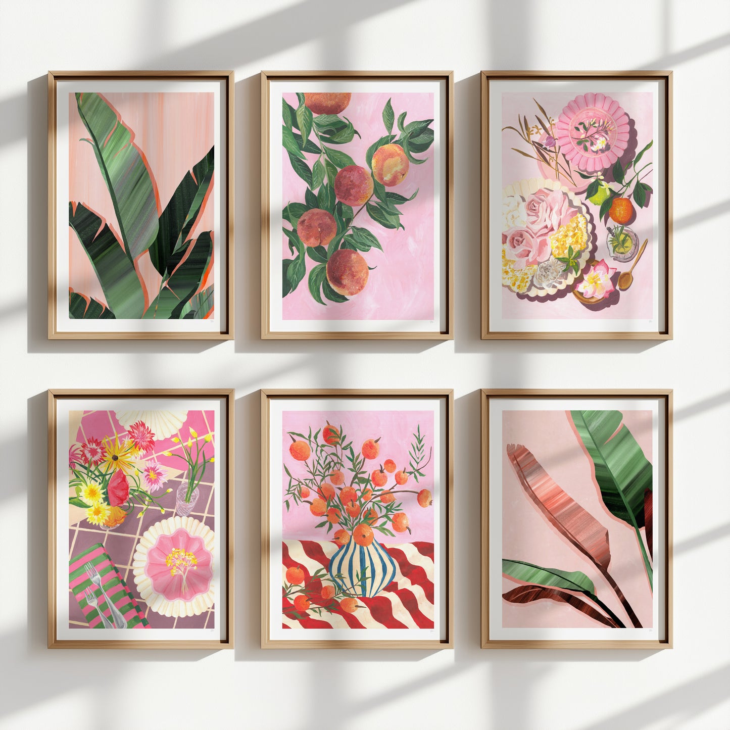 pink and green hand painted fruit and botanical prints