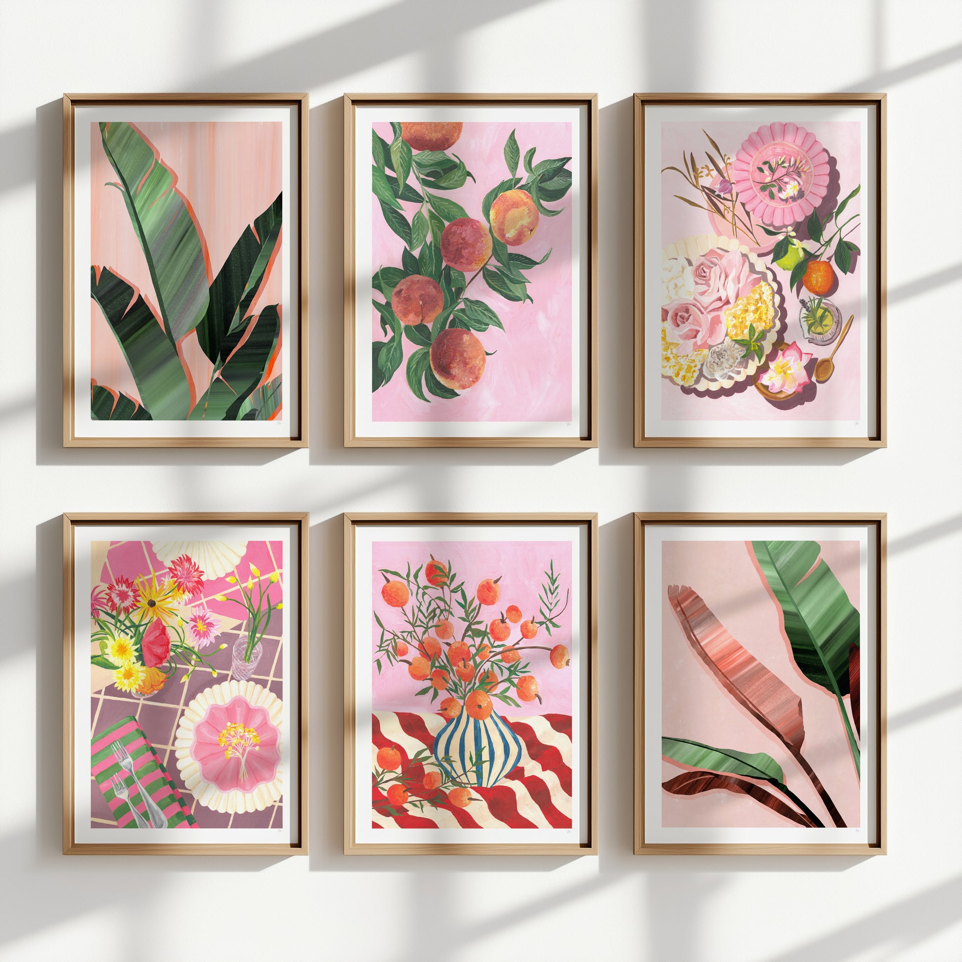 pink and green hand painted fruit and botanical prints