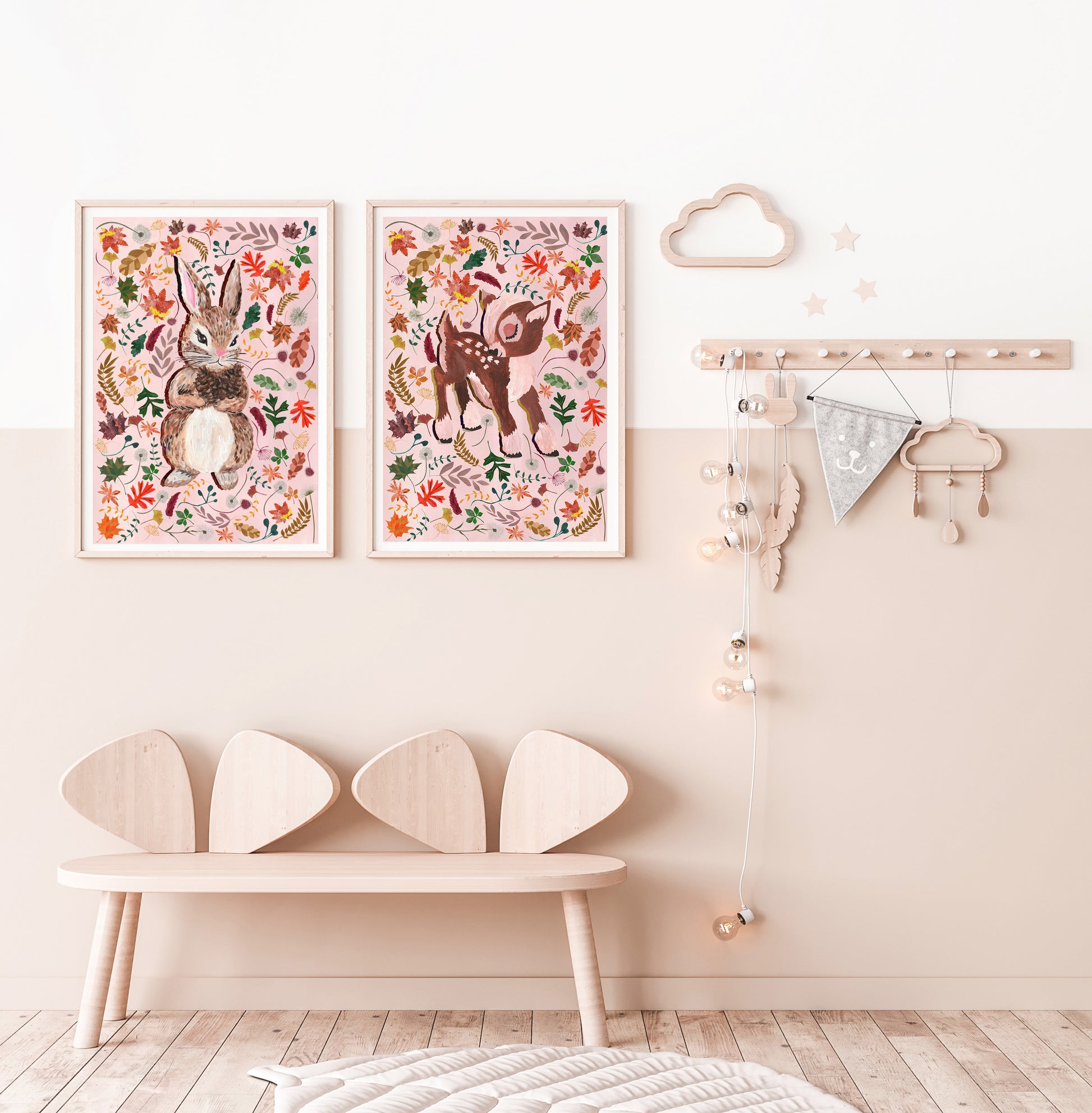 Children's room with woodland animal prints on the wall, a wooden bench, and decorative items.