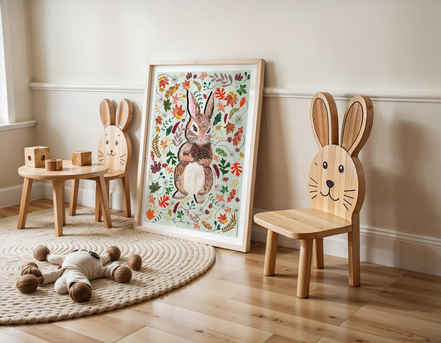 Children's room with wooden chairs shaped like rabbits, a framed picture of a rabbit, and toys on a wooden floor.