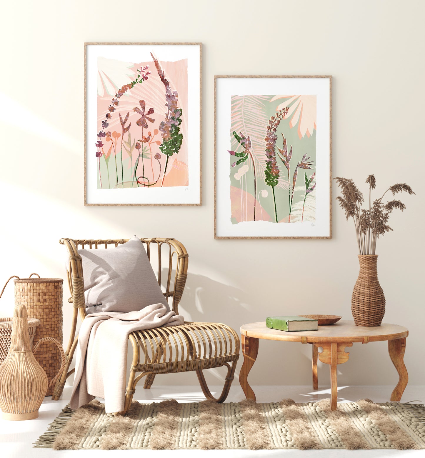 Living room with wicker chair, wooden table, and floral wall art