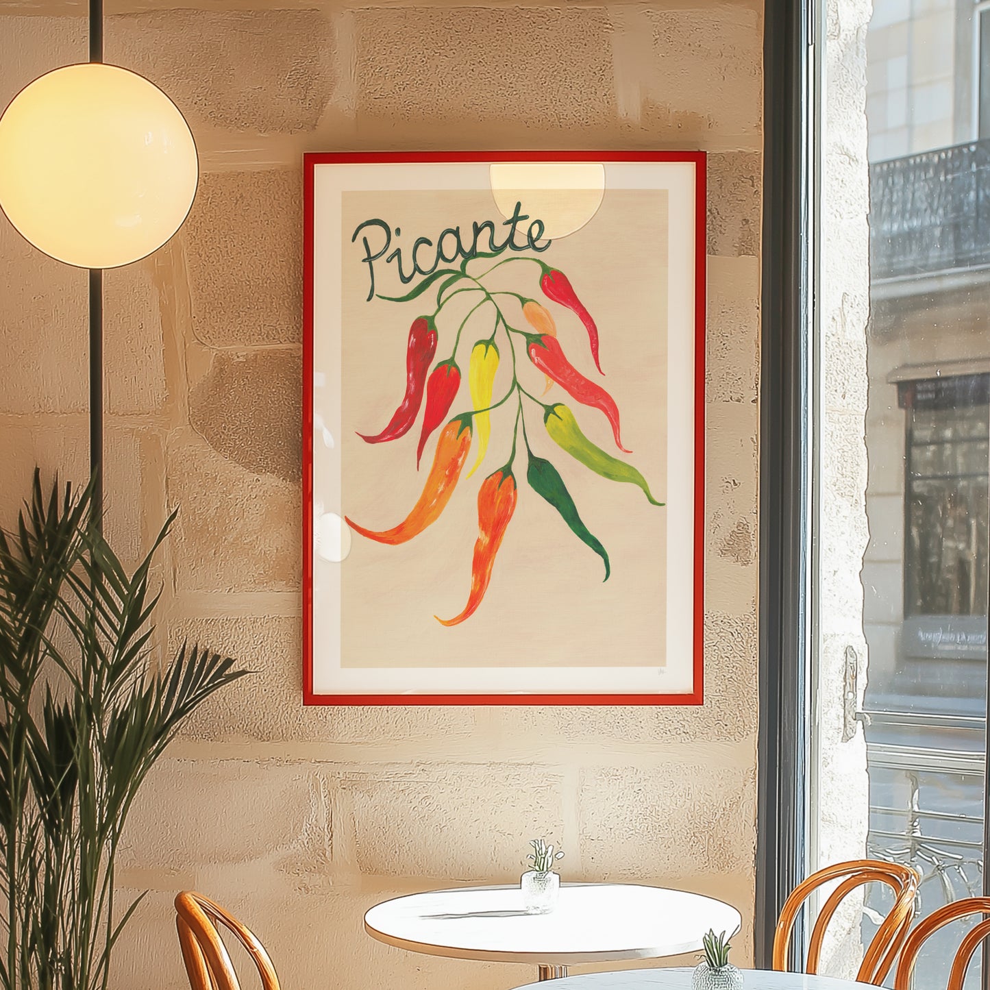 Framed artwork of peppers with 'Picante' text on a wall in a restaurant setting.