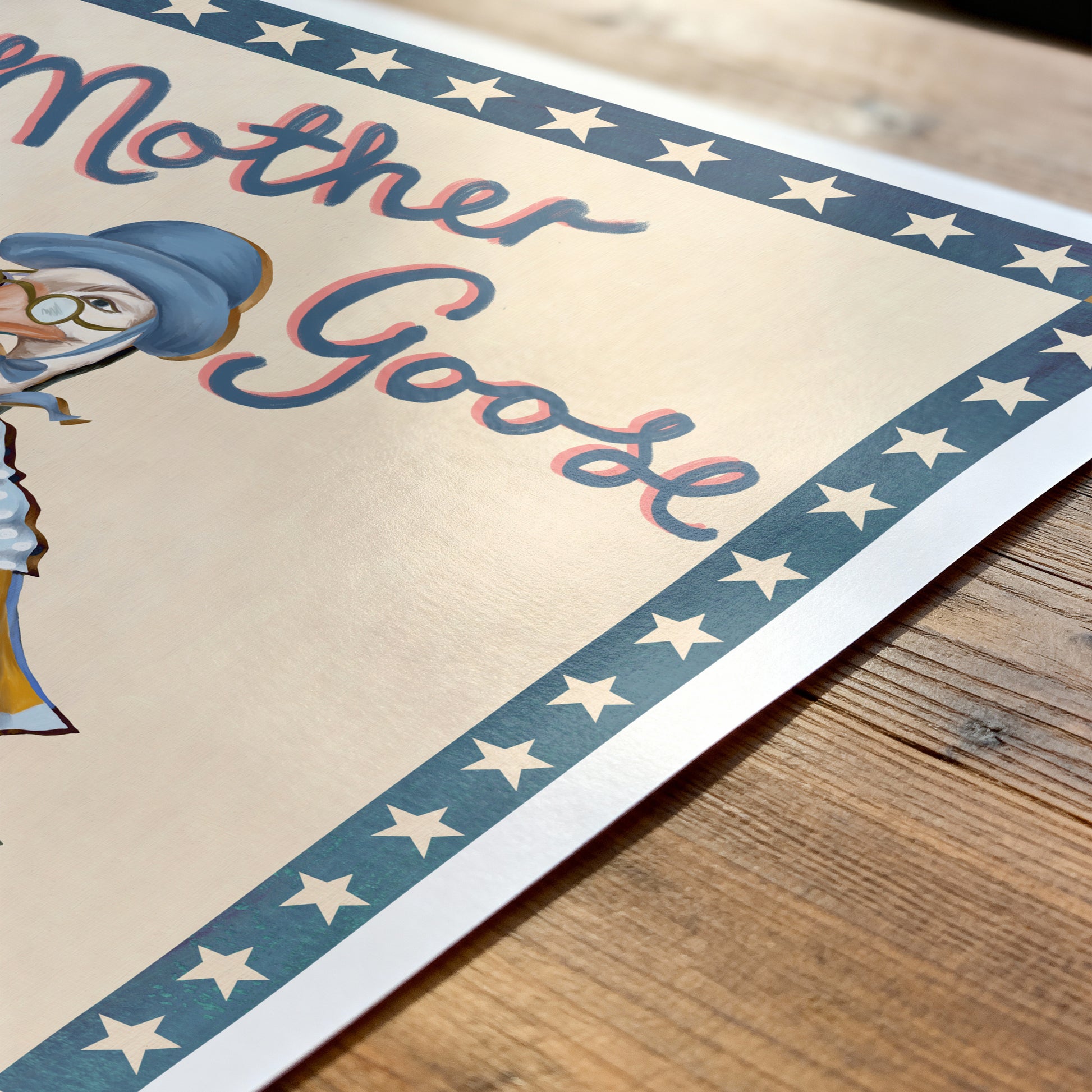 Poster with 'Mother Goose' text and character on a wooden surface