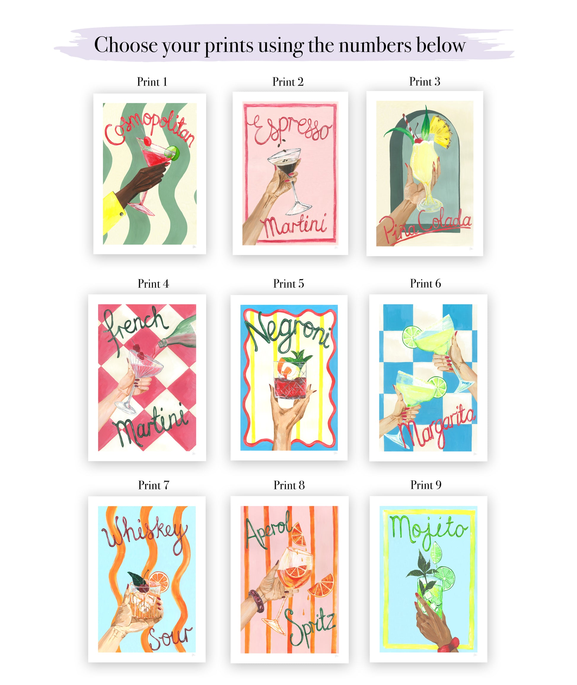 Set of nine colorful prints featuring cocktail-themed designs on a white background.