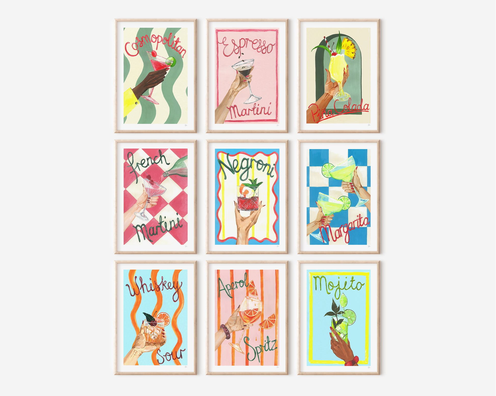 Set of nine framed cocktail-themed prints on a white background