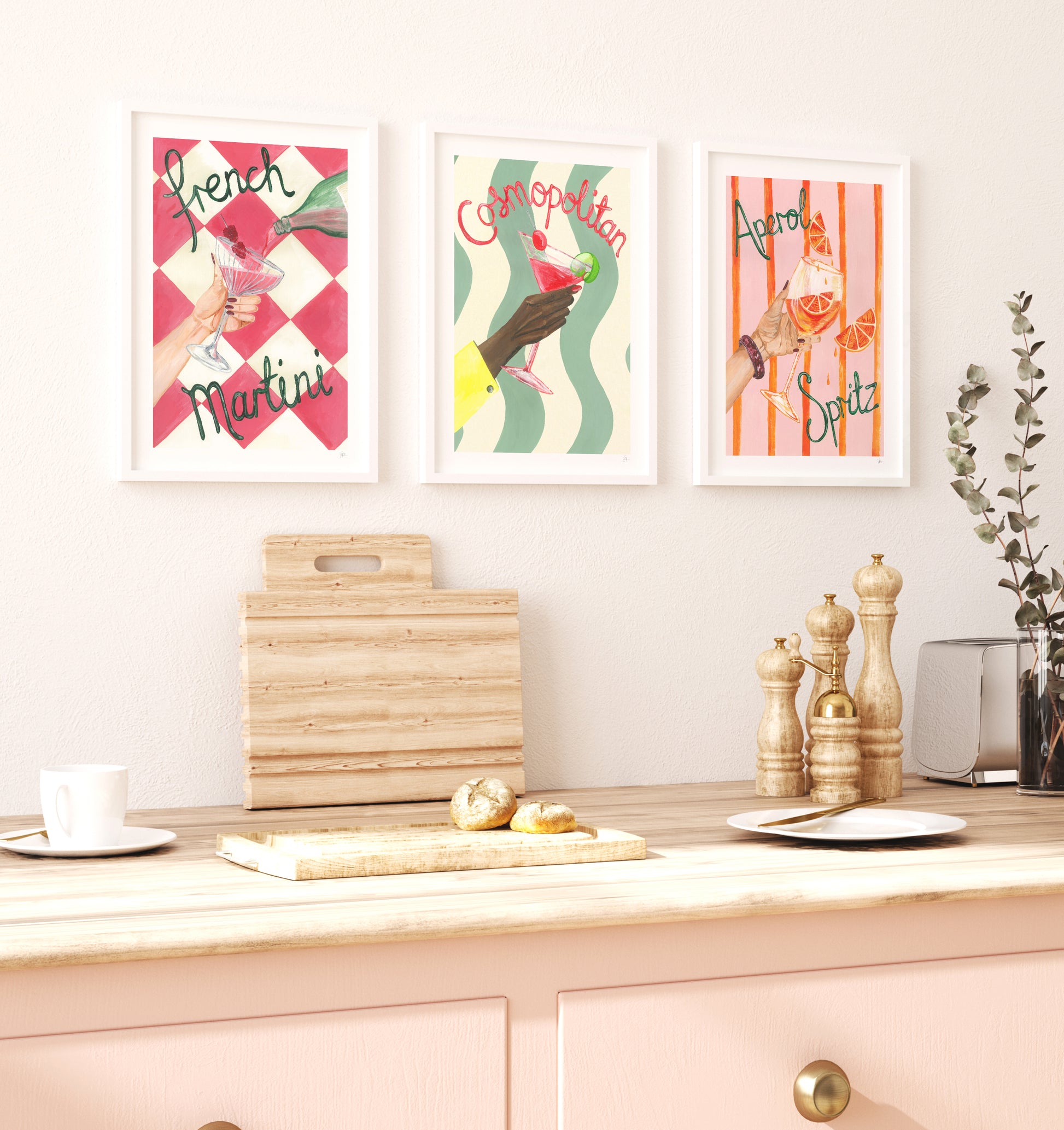 Decorative kitchen scene with colorful prints, cutting board, and kitchen utensils.