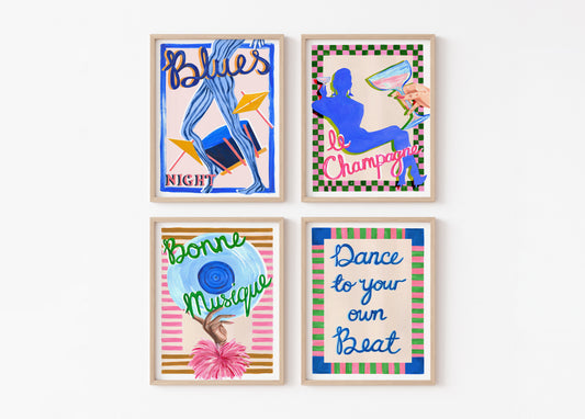 Four colorful framed artworks with abstract designs and text on a white background