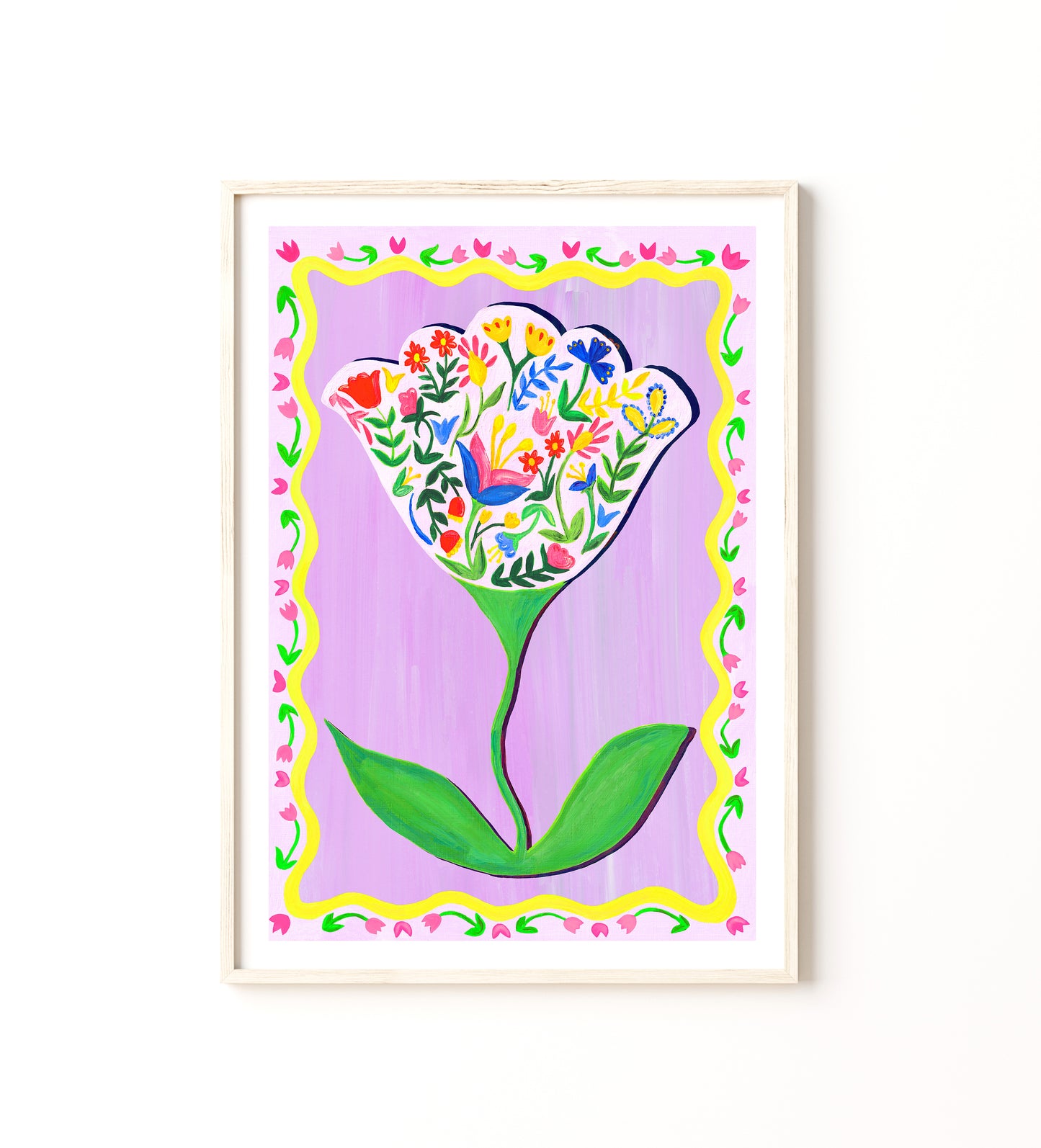 Colorful floral design on a purple background with a wooden frame.