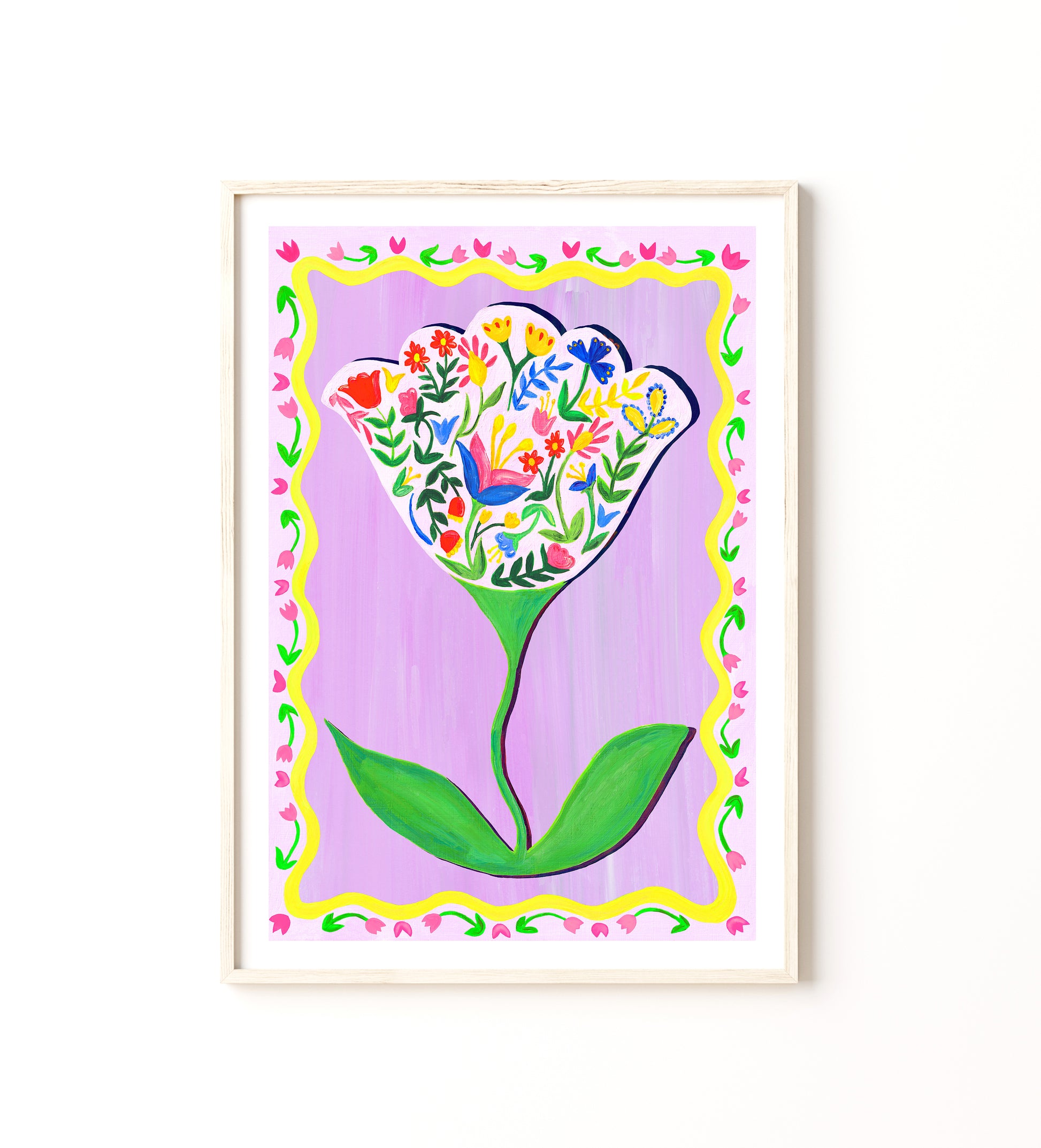 Colorful floral design on a purple background with a wooden frame.