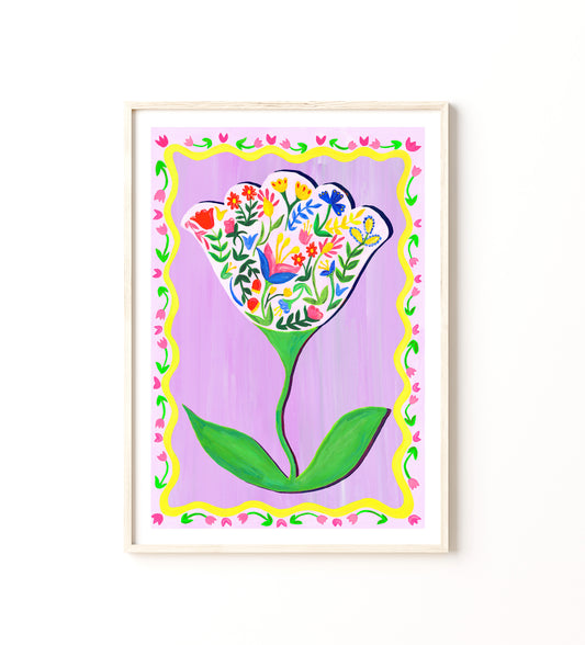 Colorful floral design on a purple background with a wooden frame.