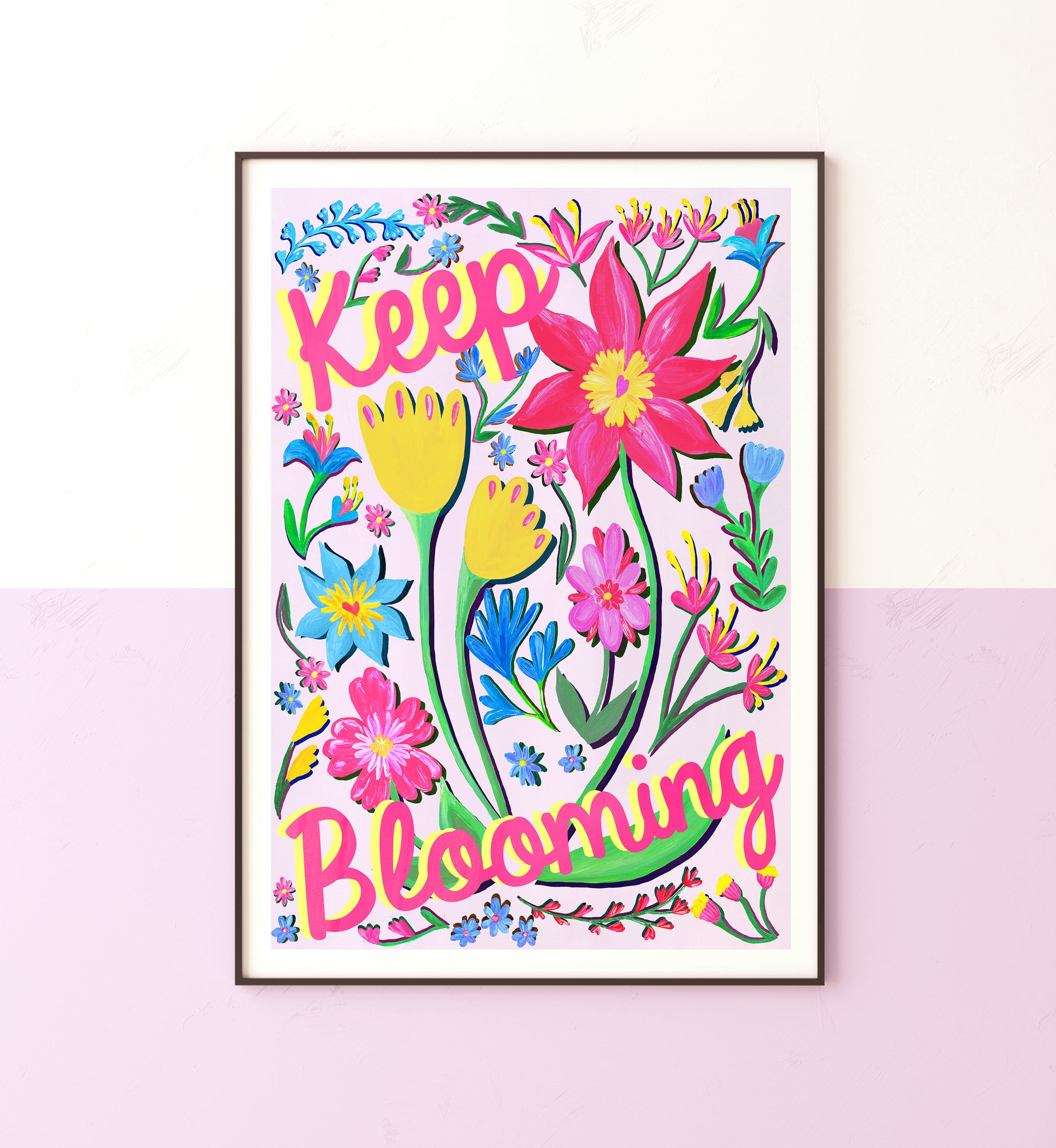 Colorful floral poster with 'Keep Blooming' text on a white background