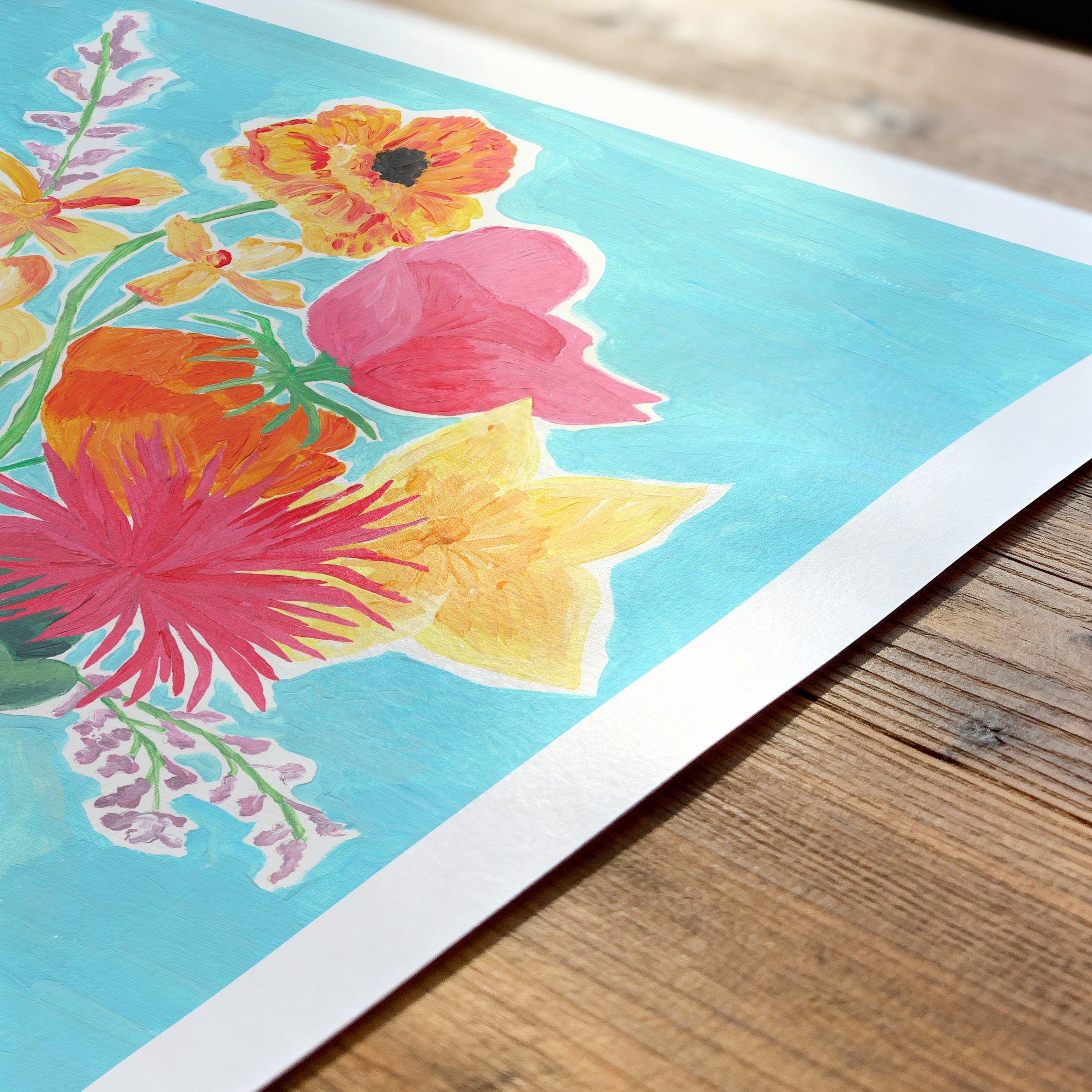 Colorful floral painting on a wooden surface
