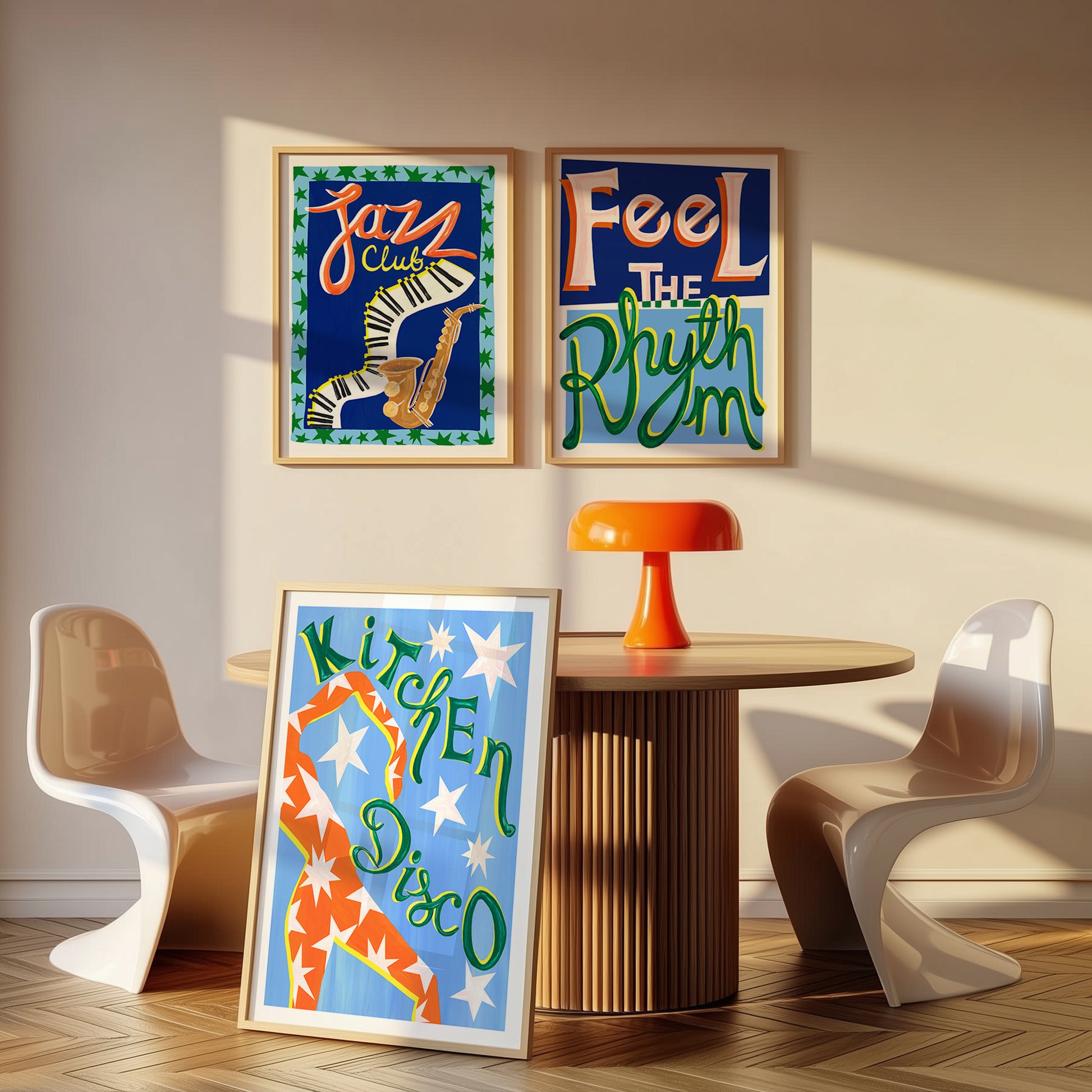 Colorful wall art prints in a modern room with chairs and a table.
