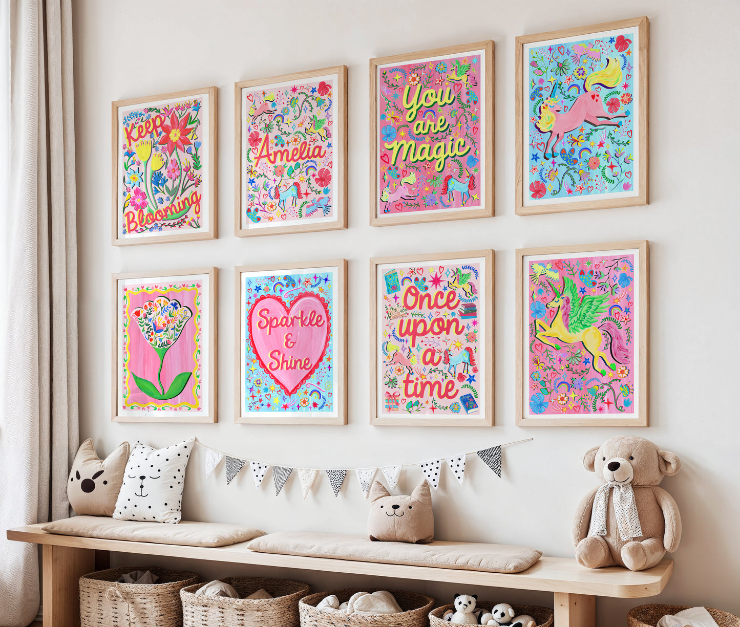 Colorful children's wall art in a nursery with a wooden bench and toys.