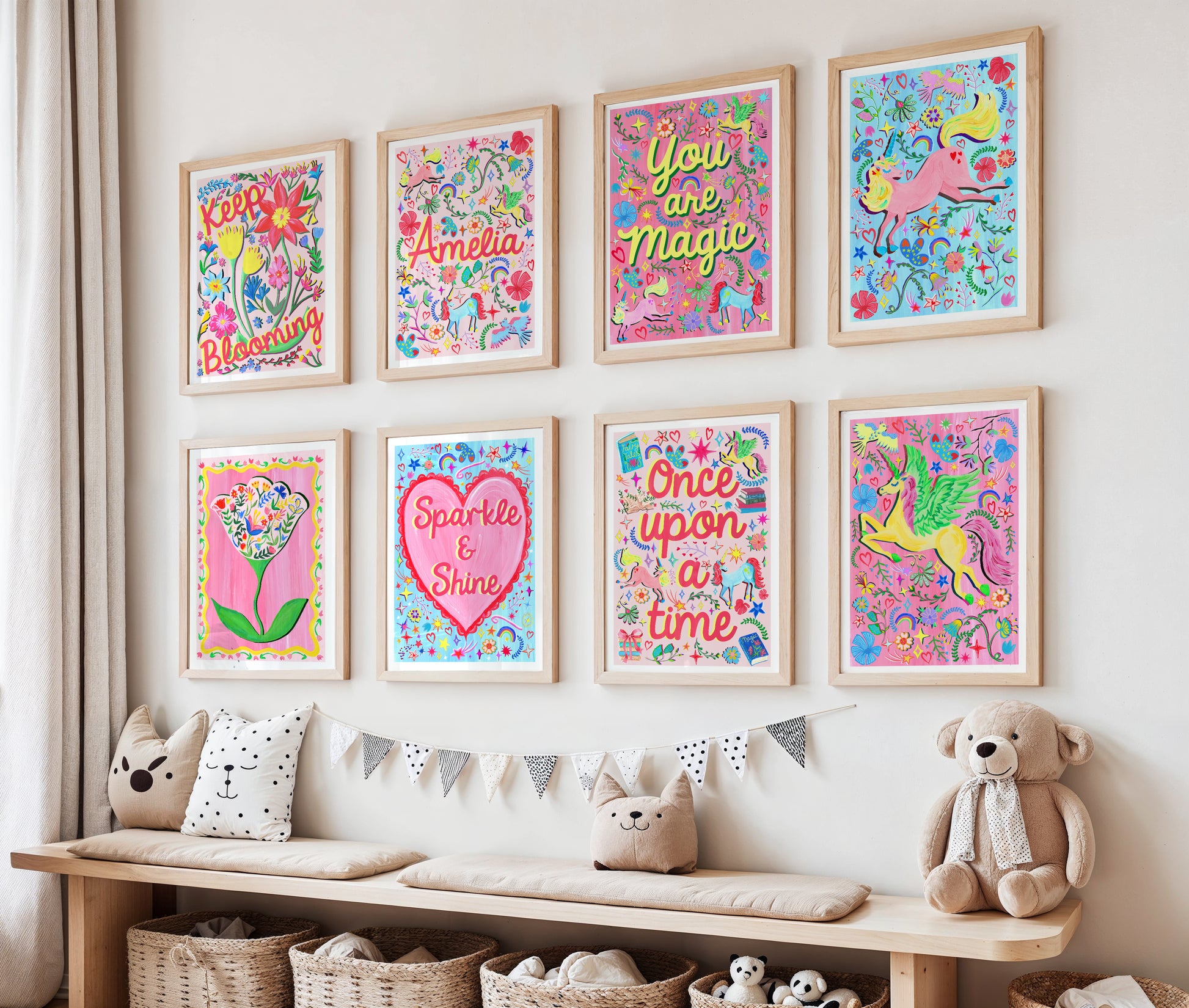 Colorful children's wall art in a nursery with a wooden bench and toys.