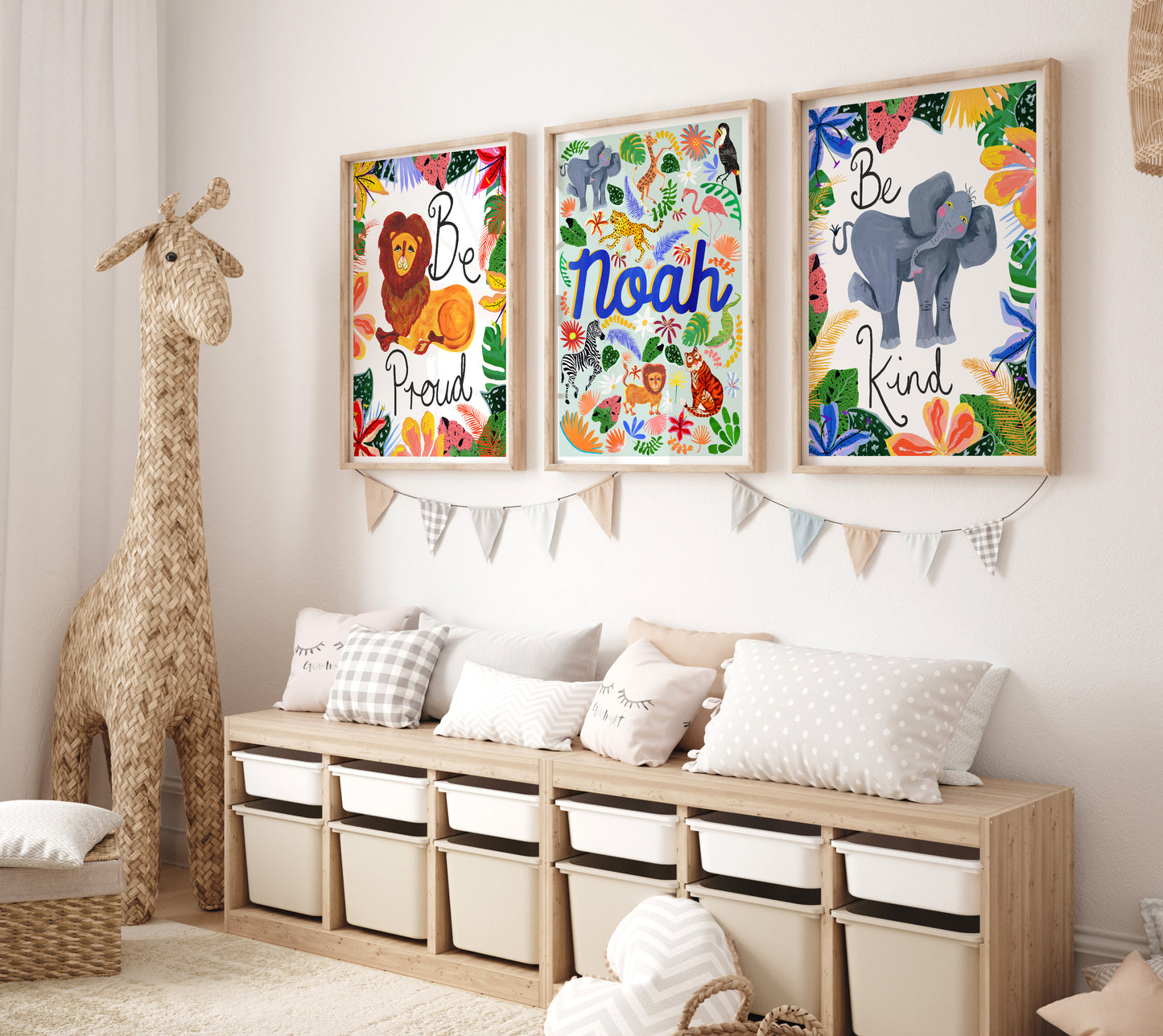Children's room with colorful wall art, storage bench, and stuffed giraffe.