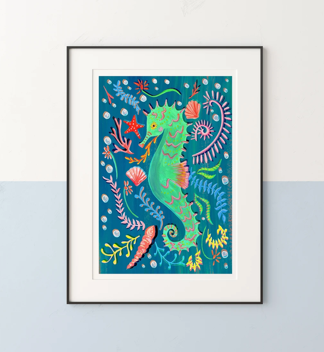 Framed artwork of a colorful seahorse with underwater elements on a blue background.