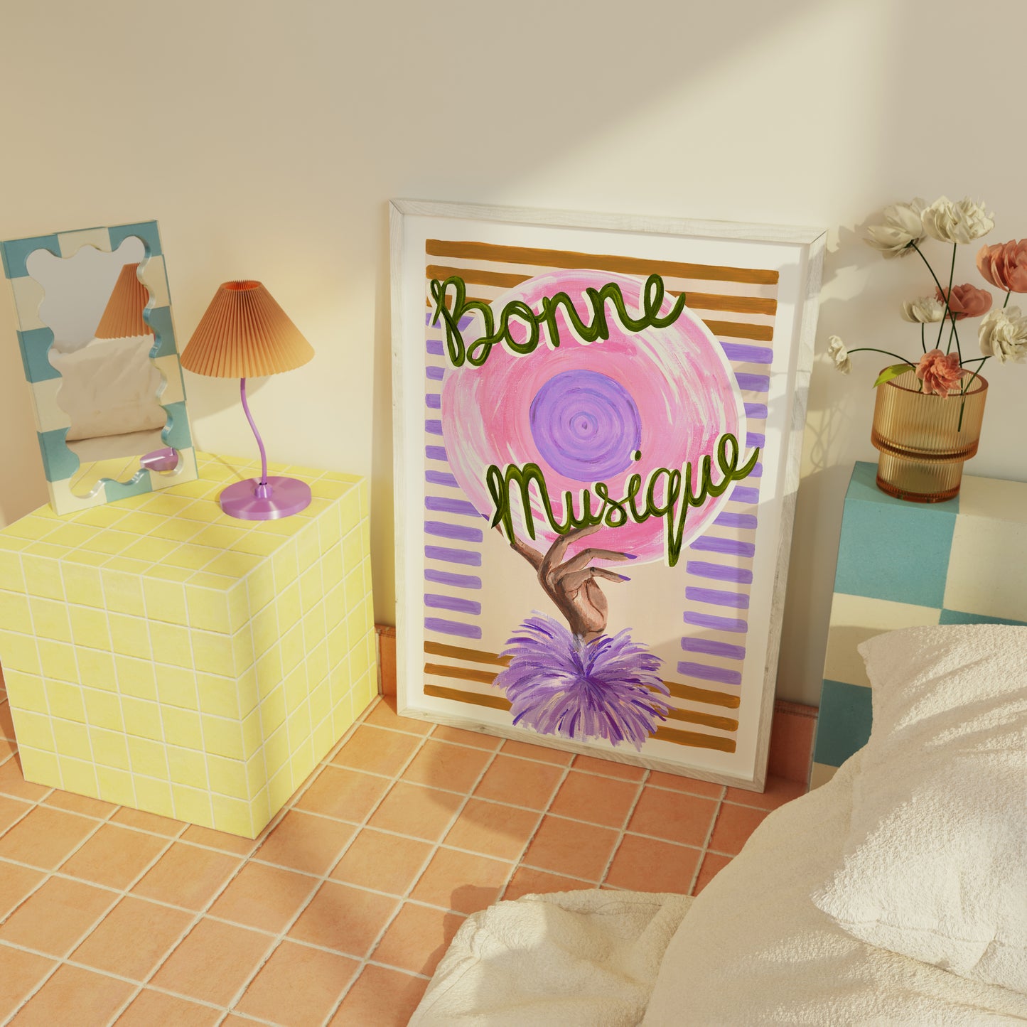 Decorative poster with 'Bonne Musique' text in a room with a lamp and flowers.
