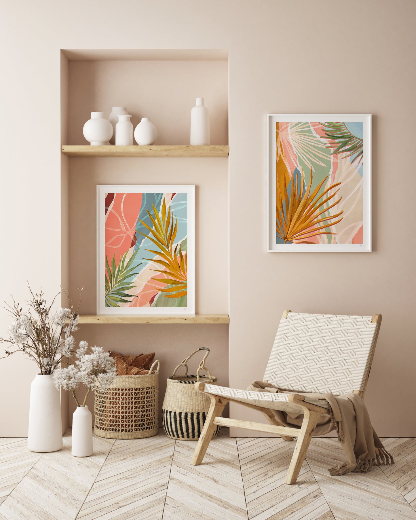 Modern interior with a chair, shelves, and wall art featuring tropical leaf designs.