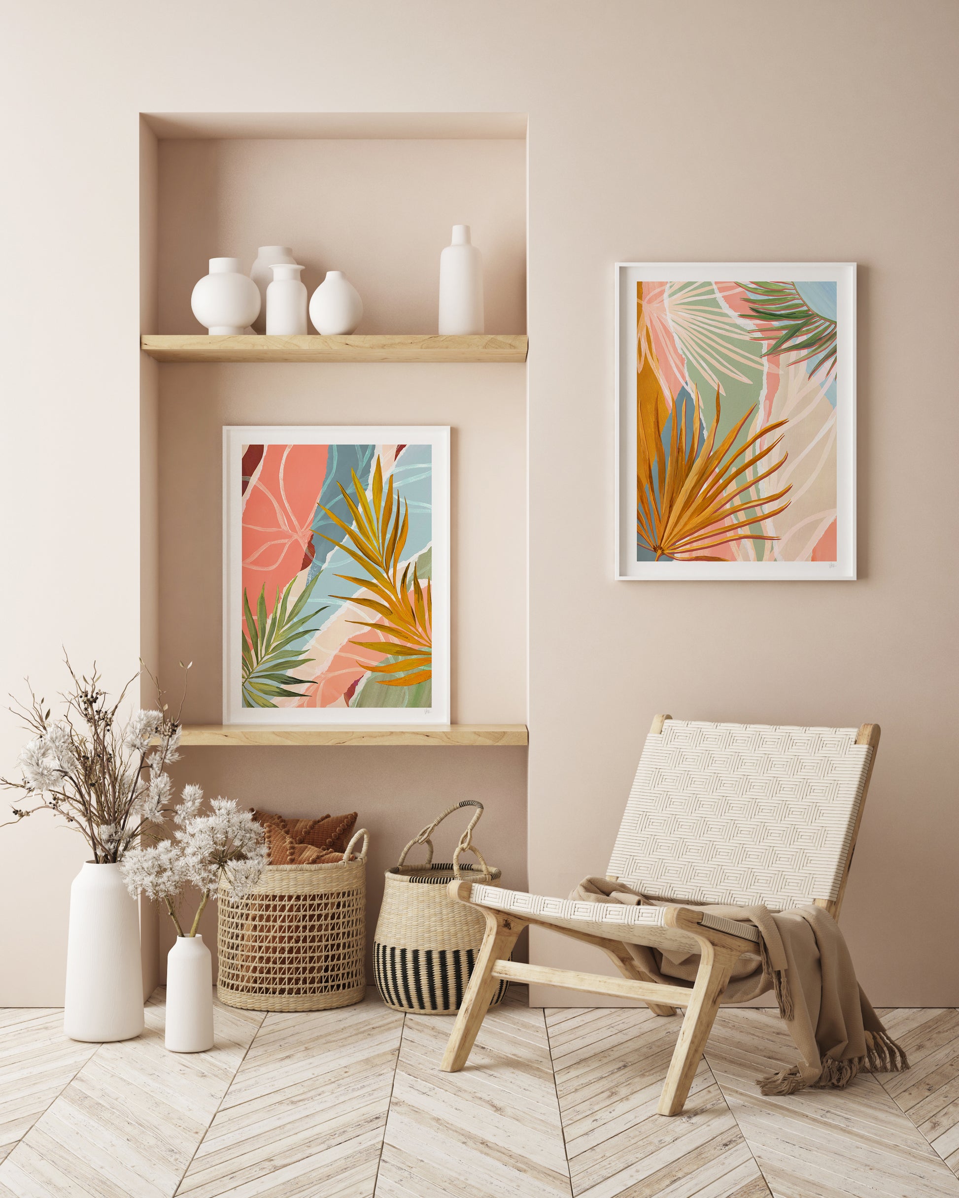 Modern interior with a chair, shelves, and wall art featuring tropical leaf designs.