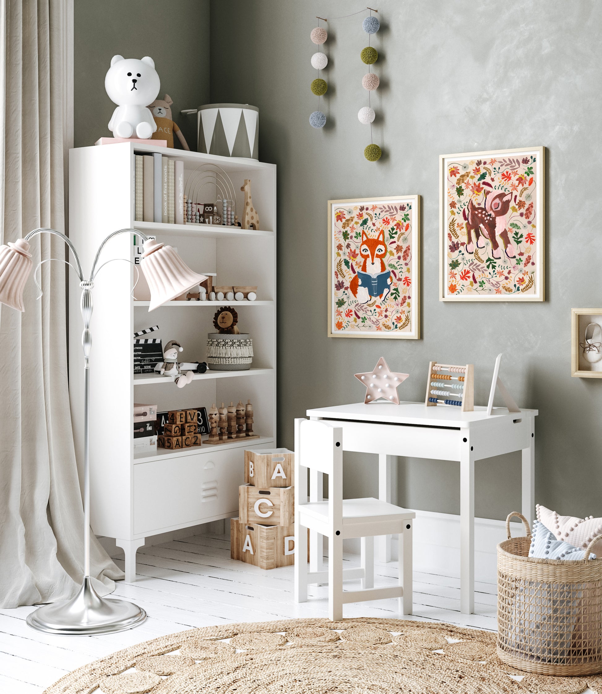 Children's room with white desk, bookshelf, and decorative elements on a gray wall.